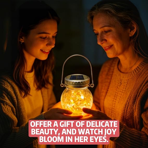 Cooo 2 Pack Crackle Glass Solar Lantern with 30 LED Firefly Lights Waterproof Outdoor Hanging Lamp 215% Larger Solar Panel, Anti-Rust Lids Decorative Lighting for Garden Patio Table