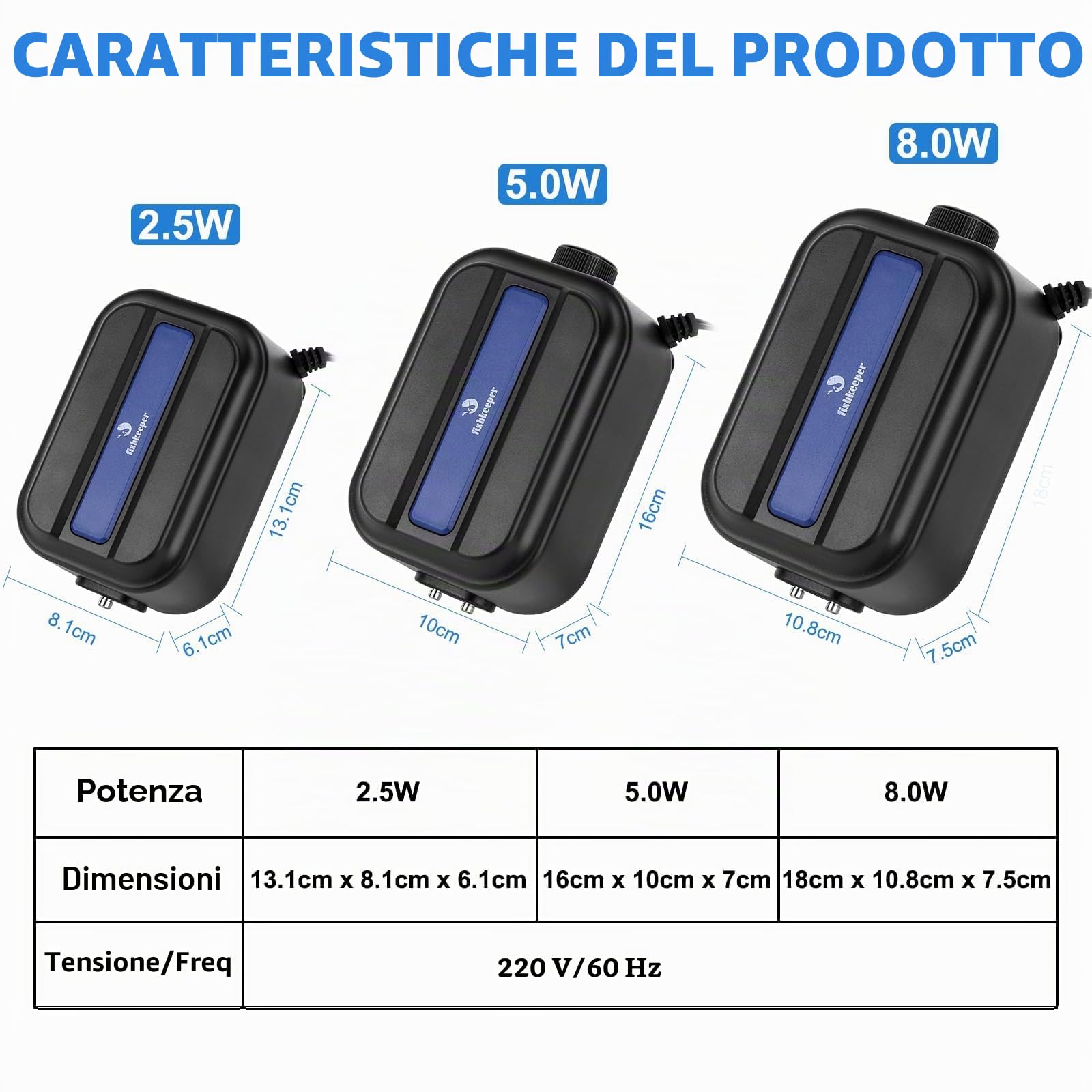 fishkeeper Pompa d'aria per acquari silenziosa, pompa d'aria ad alta portata per acquari fino a 520L, flusso d'aria massimo 500LPH