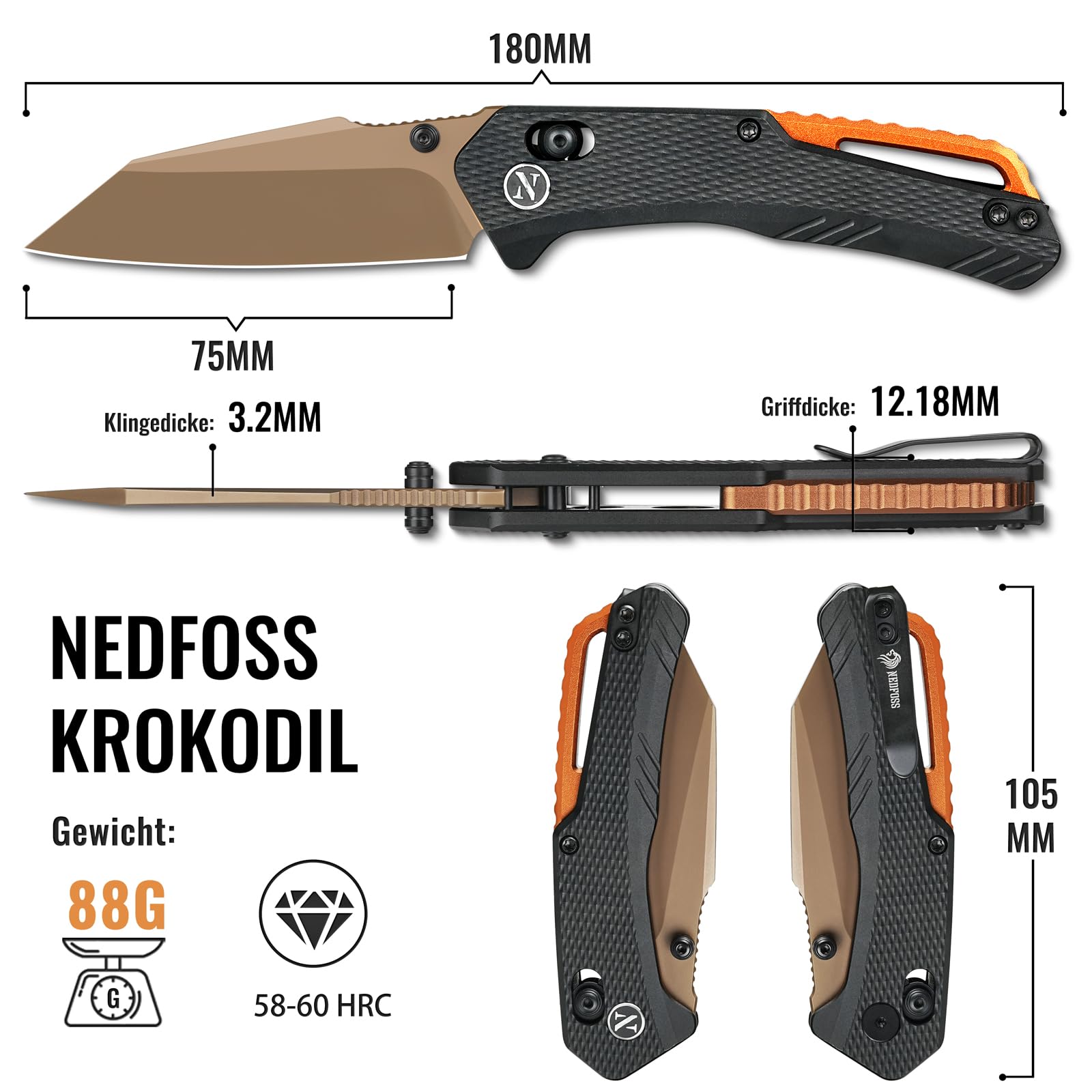 NedFoss KROKODIL couteau pliant, 14C28N acier couteau survie, Longueur lame 7.5 cm, manche aluminium avec clip ceinture, axis lock, mini couteau de poche, Revêtement en titane bronze