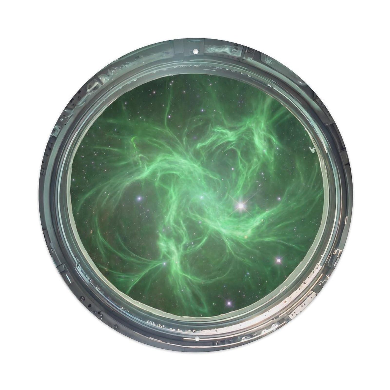 Metal Tin Sign Green Nebula Glow from Space Station Porthole