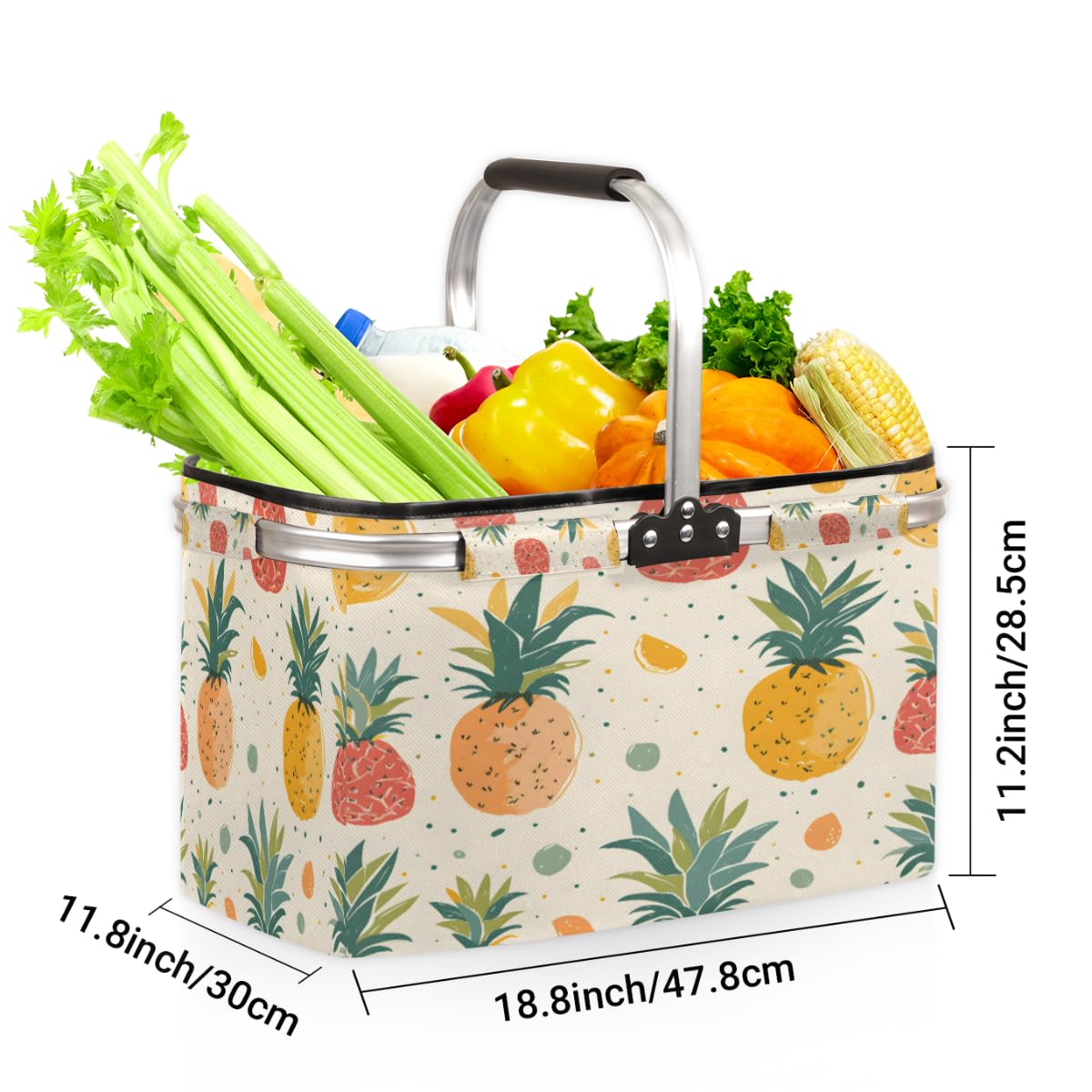 Skonsati Folding Picnic Basket Pineapple Large Reusable Shopping Basket Collapsible Grocery Tote Bag with Handle & Aluminum Frame for Picnic Beach Pool Festival