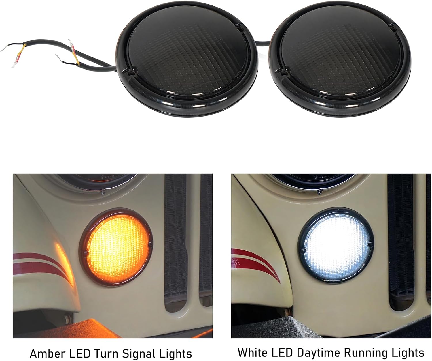 Hooke Road Front Turn Signal Lights Parking Light LED Amber Lamps and White DRL with Smoke Lens for 1976-1986 Jeep CJ5 CJ7 CJ8 Scrambler (Pack of 2)