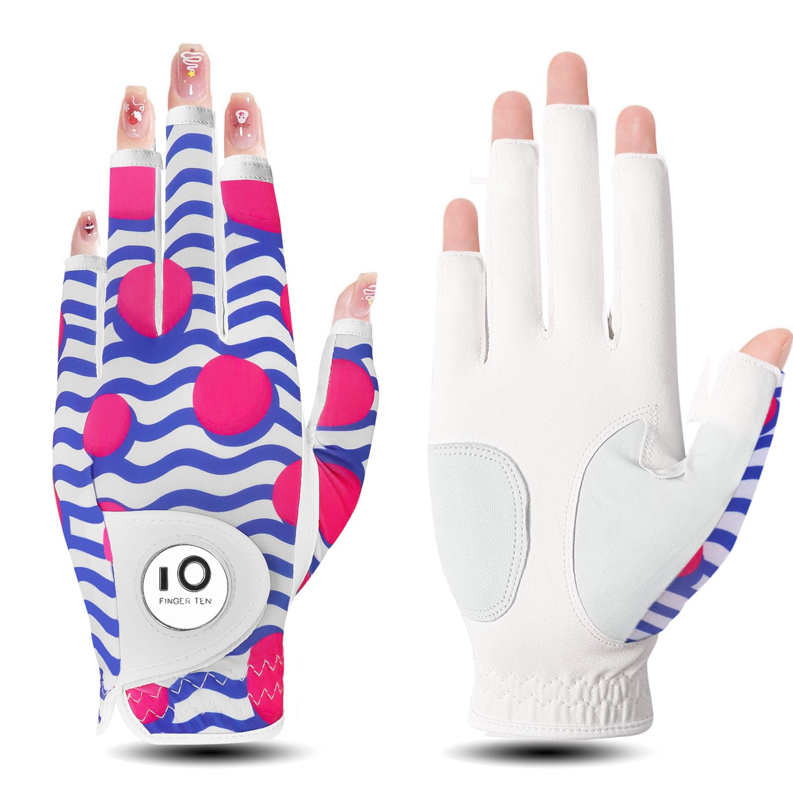 FINGER TEN Damskie rękawice golfowe, skórzane, lewa, prawa ręka, rękawice golfowe, rękawice golfowe z markerem kulkowym, 1 sztuka, uchwyt Rain Grip lewy prawy golfista (różowy, S, lewy)