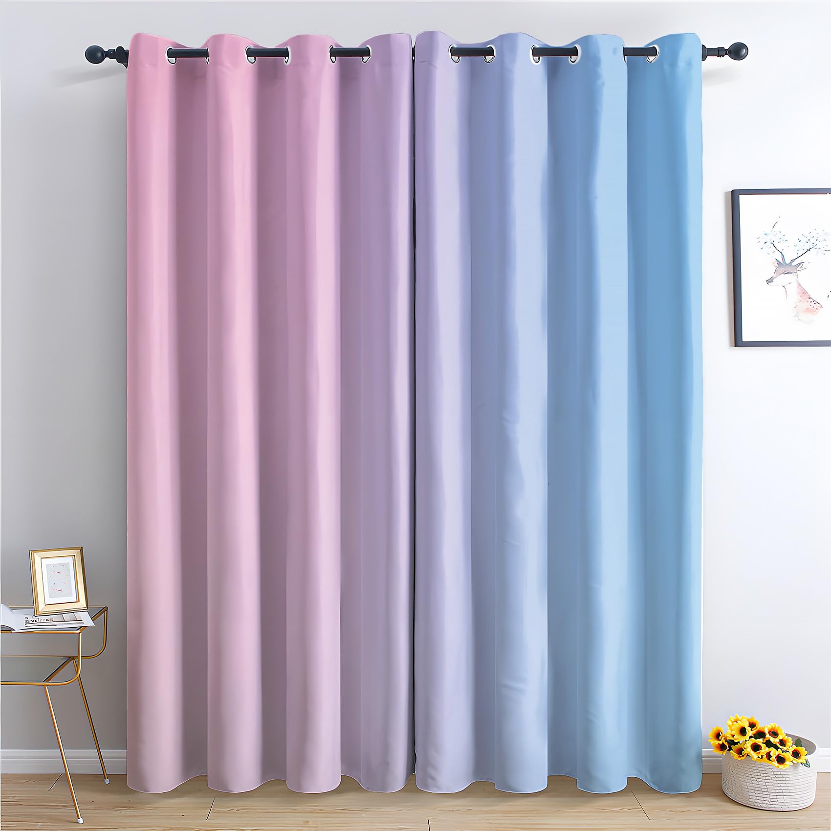 Zcwl Pink Lavender Blue Ombre Curtains For Bedroom Living Room, Gradient Patterned Blackout Curtains, Thermal Insulated Eyelet Curtain, 90 Drop Window Treatments Drapes, 66X90 Inch (W X L), 2 Panels