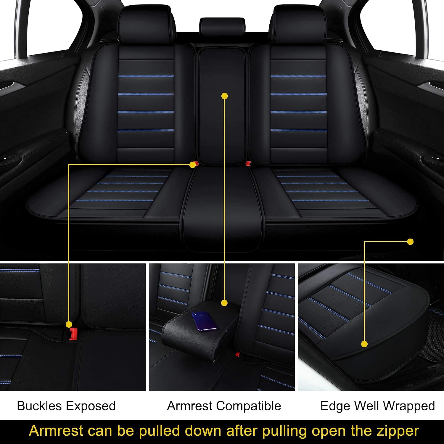 Amazing 🔥 Faux Leather Car Seat Covers fit Sedan SUV fit Rx350 Elantra Sonata Tucson Outlander Tl Tsx Gmc Terrain Qx4 (Full Set, Black and Blue)