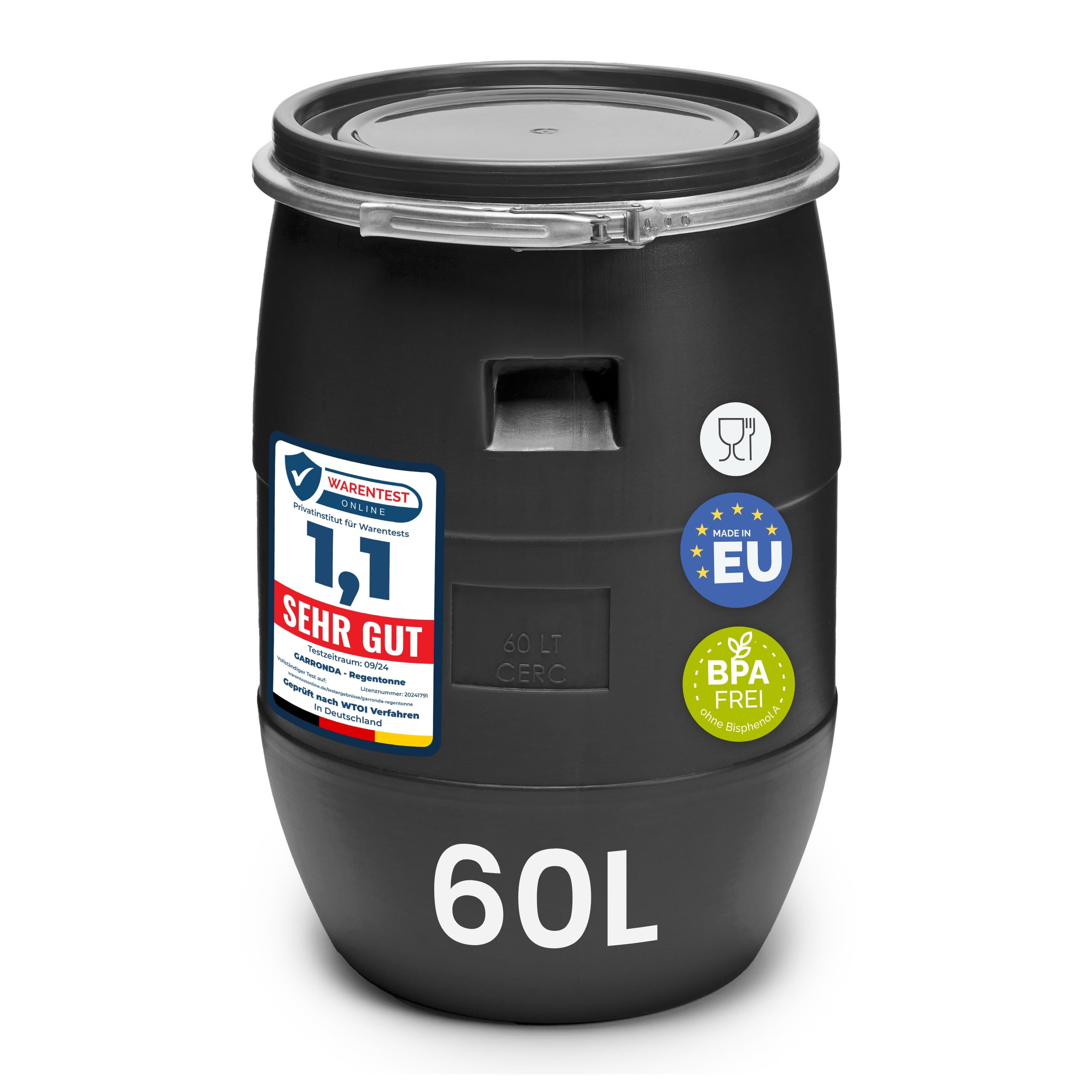 Garronda 60 Liter Deckelfass Weithalsfass aus HDPE Regenfass für Garten Fass 60l Wassertonne Futtertonne Wasserbehälter Universalfass Wasserfass Lebensmittelfass Wassertank GD-0078, Schwarz