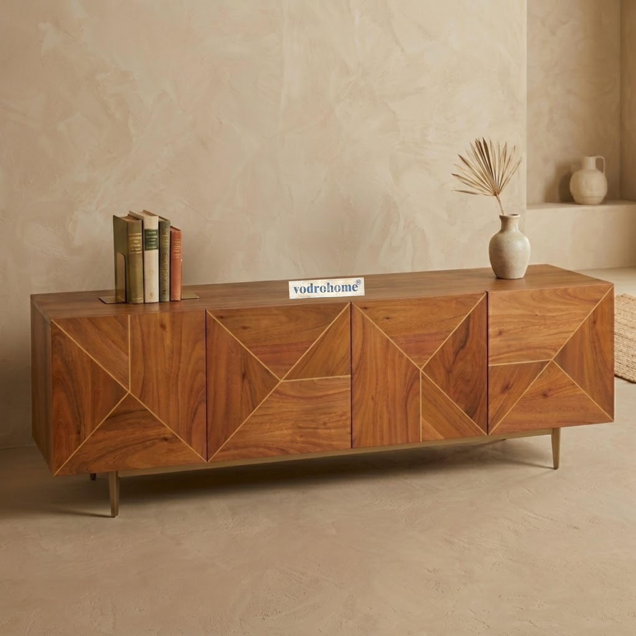 Luxury tv Unit Cabinet with Geometrical Design– Solid Acacia Wood tvc with Iron Base – tv Consol Table with Set up Box Shelf TV#031 (Big)-image-32