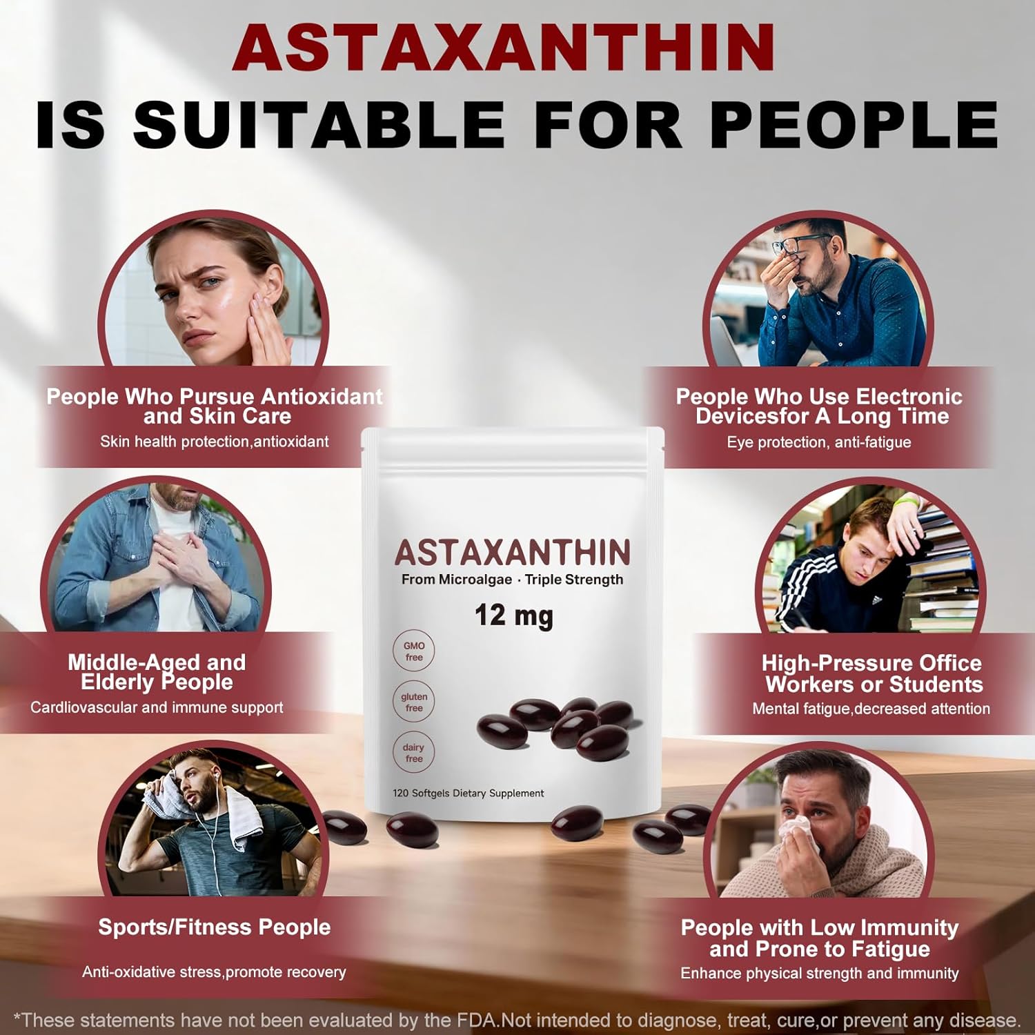 Astaxanthin 12mg Softgels, Natural Antioxidant from Haematococcus Pluvialis, Supports Skin & Eye Health, General Wellness Support,120 Capsules - Image 4