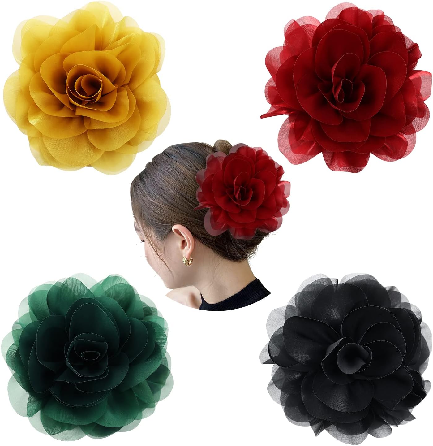 Cinaci 4 Pack Large Red Yellow Green Black Rose Flower Plastic Hair Claws Clips Big Chiffon Flower Bows Jaw Barrette Clamps Floral Ponytail Holder Bun Decorative Fancy Hair Accessories for Women Girls