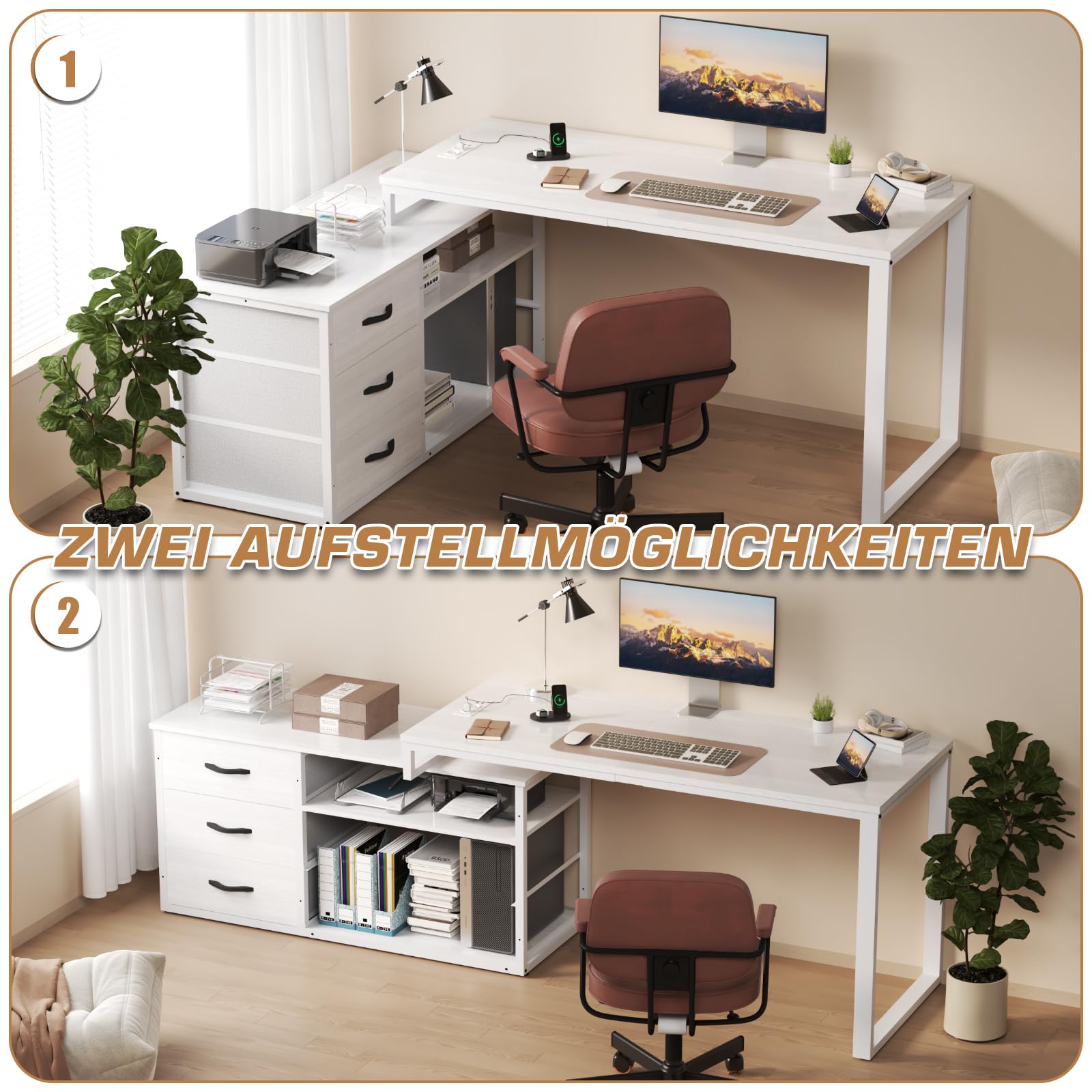 TRIUMPHKEY Schreibtisch l Form mit 3 Schubladen&Stauraum, 140 x 105 x 75 cm Reversible Eckschreibtisch, L-förmiger Schreibtisch mit 2 USB-Ladeanschlüssen und 2 Steckdosen, Weiß