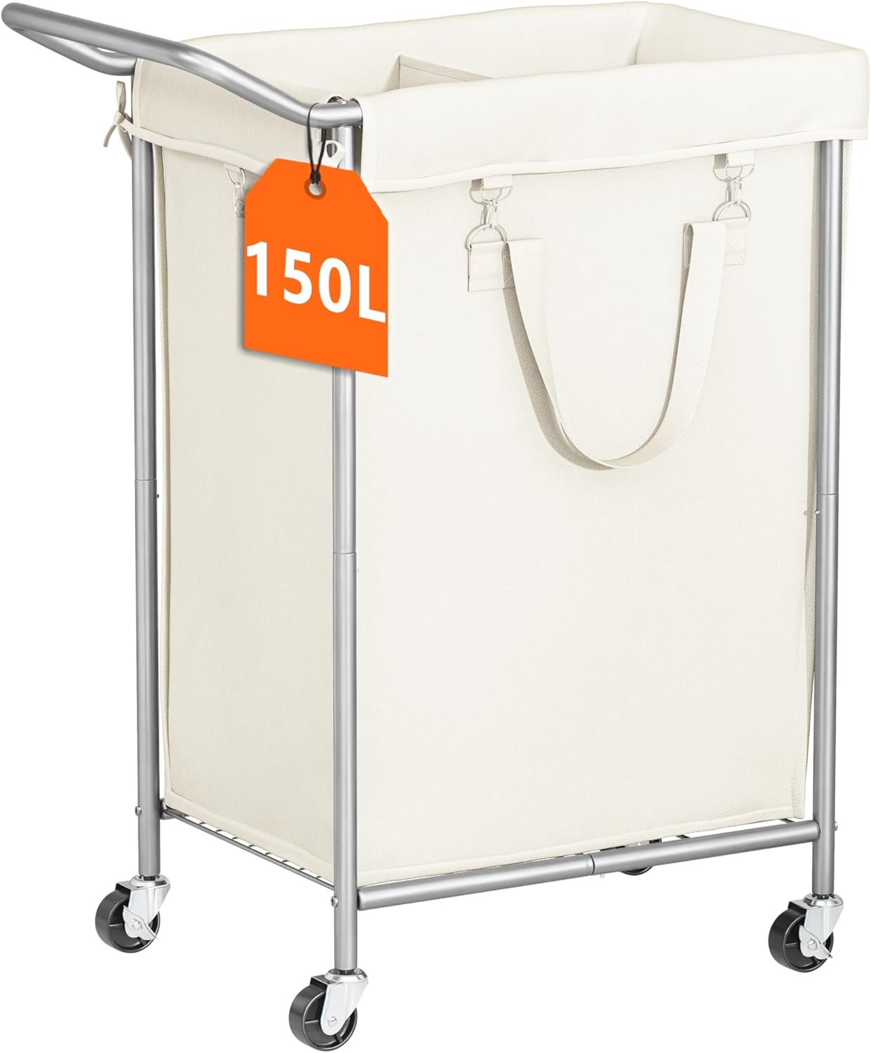 110L Large Laundry Hampers, Oxford Fabric Laundry Hampers Clothes Hampers, Metal Frame and Removable Bag Design with Wheels, Suitable for Bedroom, Bathroom, Dorm Room, Laundry Room (Silver Beige)