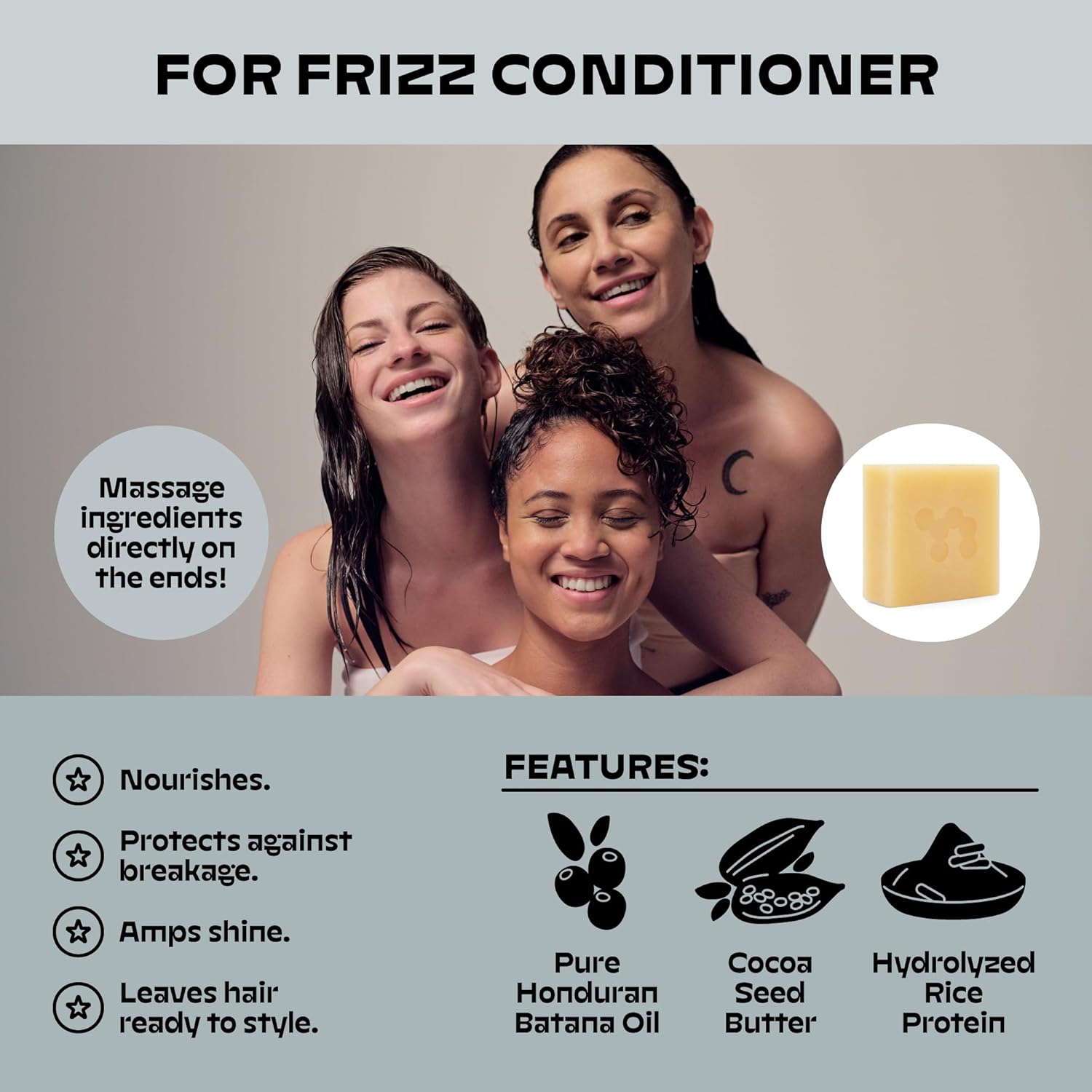 NOLE CARE Sustainable Conditioner Bar with Coconut & Batana Oil for Frizz (2.12 Oz Bar) - Sustainable, PH Balanced, Rice Protein Conditioner for Silky Frizzy Hair, Plastic-Free - Image 3