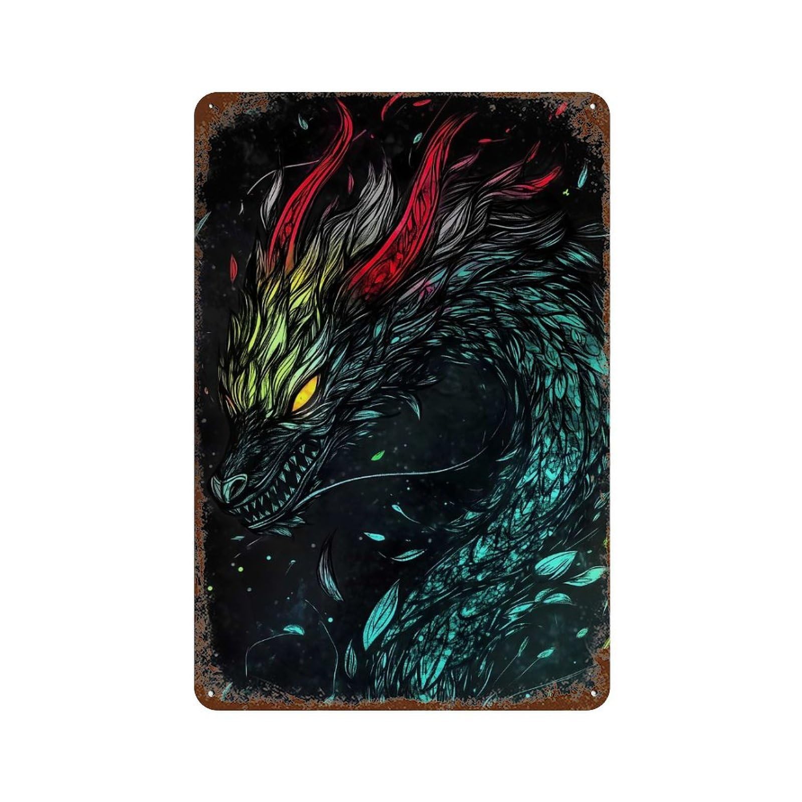 Dragon with Glowing Scales Rustic Tin Plaque 11.8"x7.9", for Pub, Kitchen And Man Cave Decor, Vintage Wall Decor