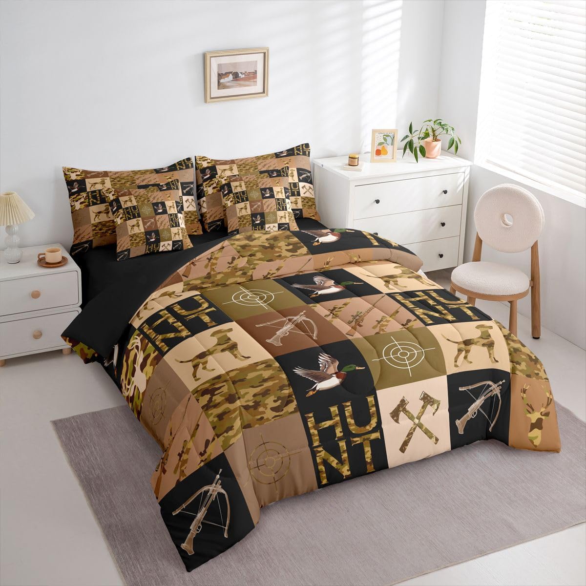 Feelyou Mallard Duck Hunter Comforter Set with Sheets Queen Size 7 Piece for Boys Teens Kids,Camouflage Deer Duck Hunt Theme Bedding Sets Hunting Camo Bed in a Bag Men Retro Room Decor