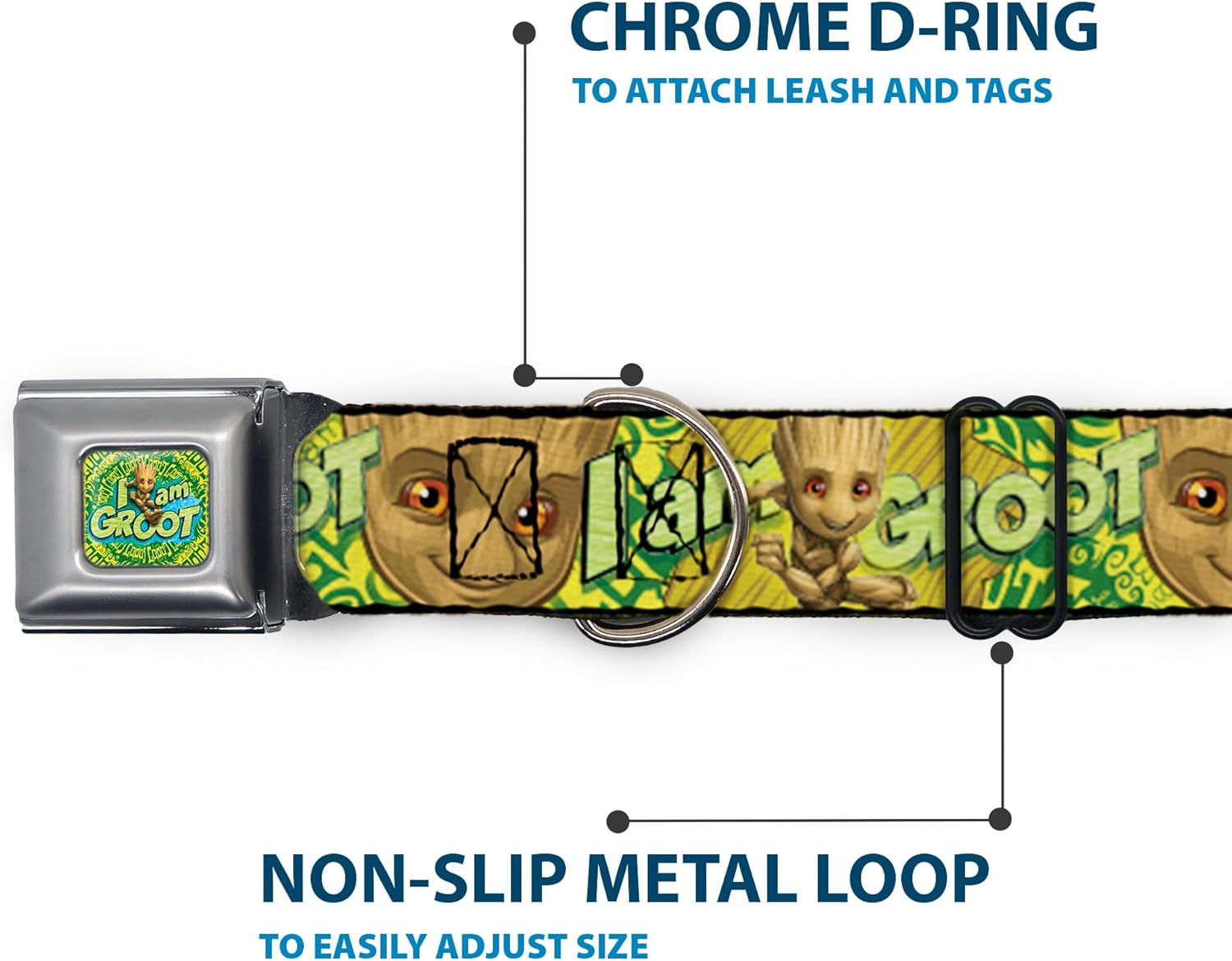 Buckle-Down Dog Collar Seatbelt Buckle Baby Groot Pose Face I Am Groot Browns Greens Yellows, Multi Color, 1.5" Wide - Fits 13-18" Neck - Small (DC-SB-MCJP-WMC185-1.5-S)