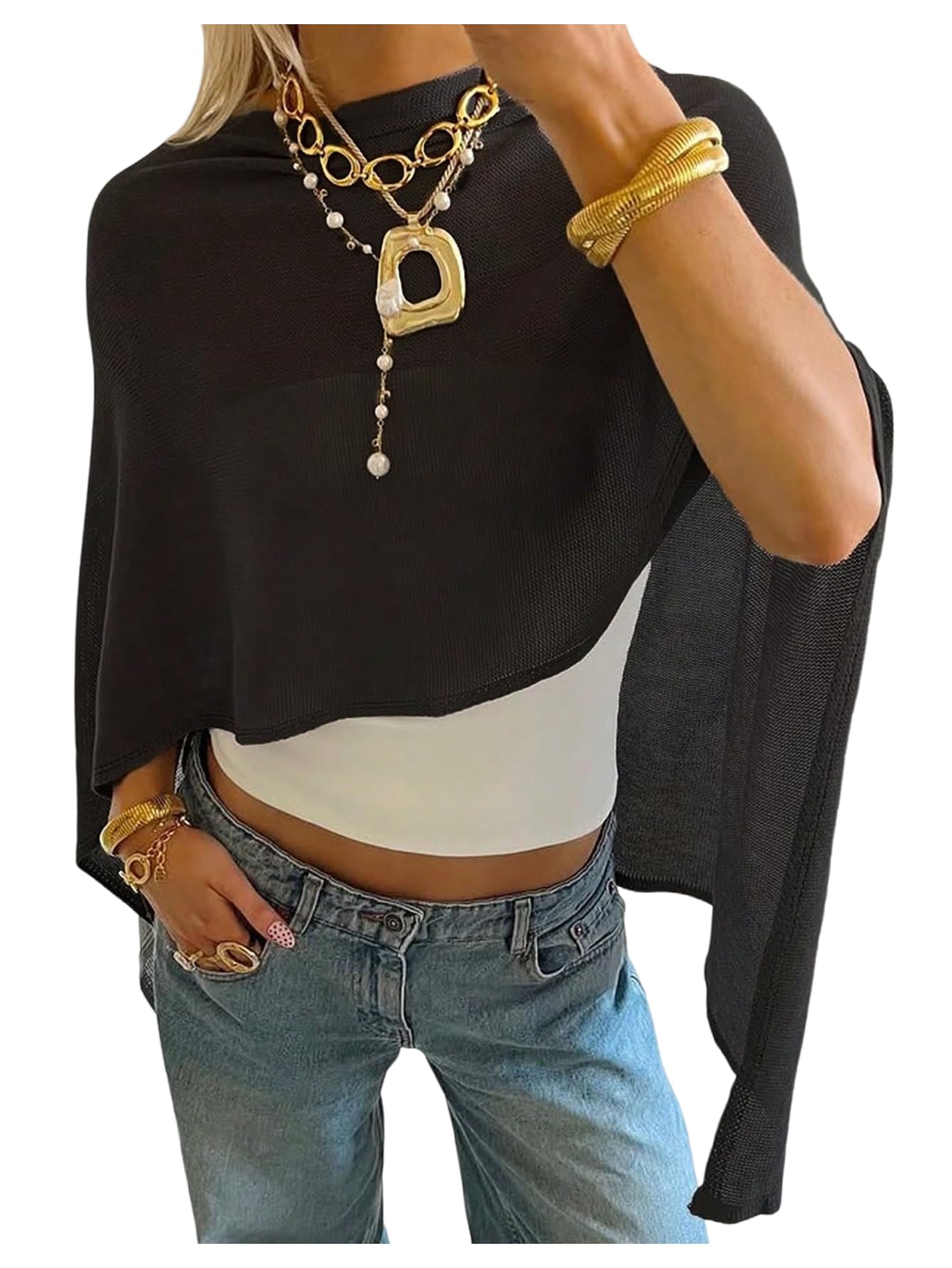 Milumia Womens Sheer Poncho Top Cap Sleeve Knit Shrug Shawl Poncho Cover Up