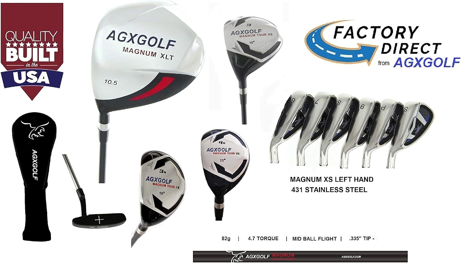 Men's Left Hand Magnum Complete Golf Club Set: Over Size Driver + 3 Wood + 3 & 4 Hybrids + XS-Tour Style 5-PW Irons + SW + Free Putter; Stiff Flex Cadet, Regular or Tall Length, US Built