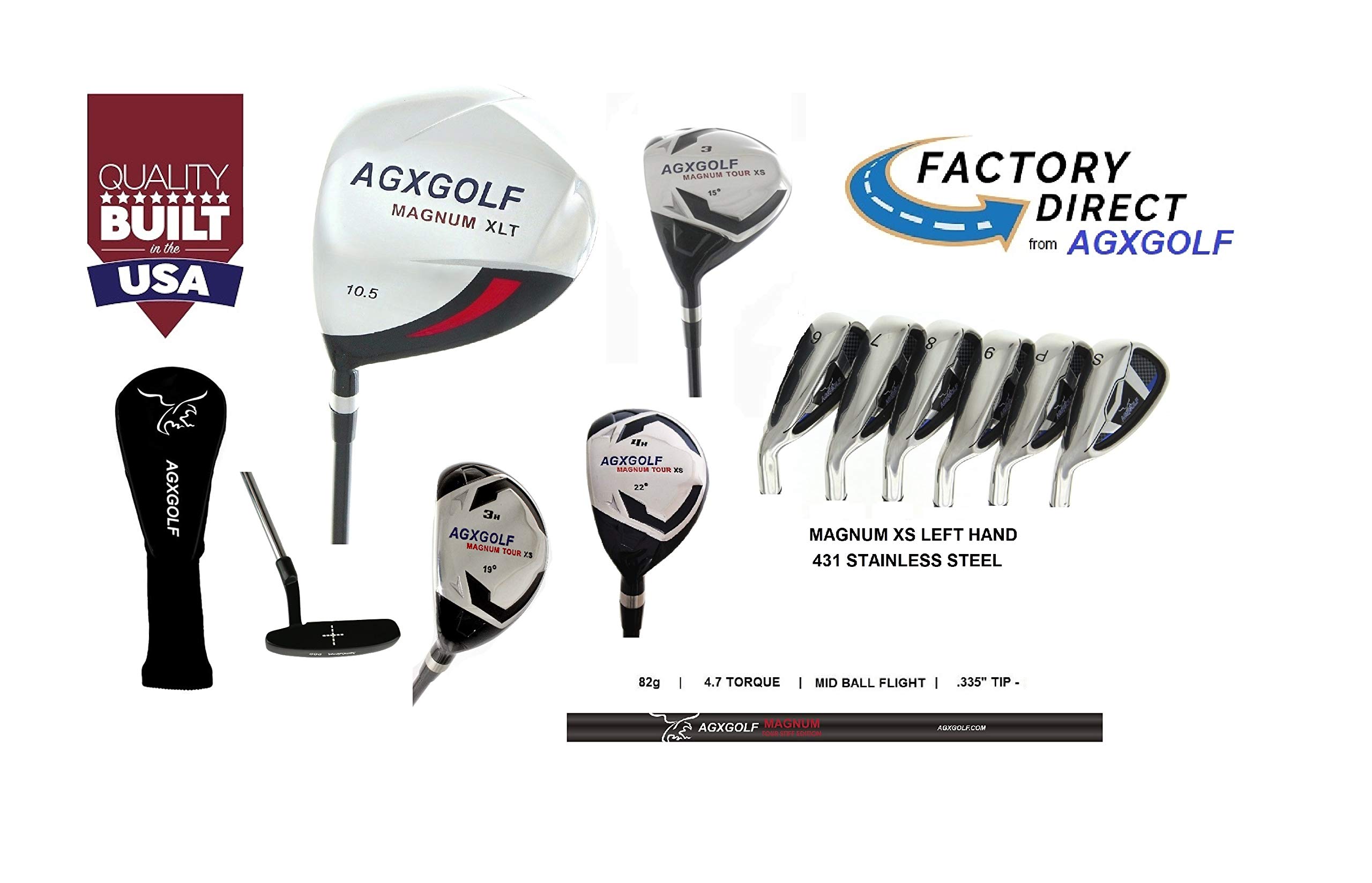 AGXGOLF Men's Left Hand XS Tour Magnum Complete Golf Club Set; w/Oversize Driver +3 Wood + 3&4 Hybrids +5-SW Irons: Stiff Flex, Tall +1 Inch Length; Free Putter US Built