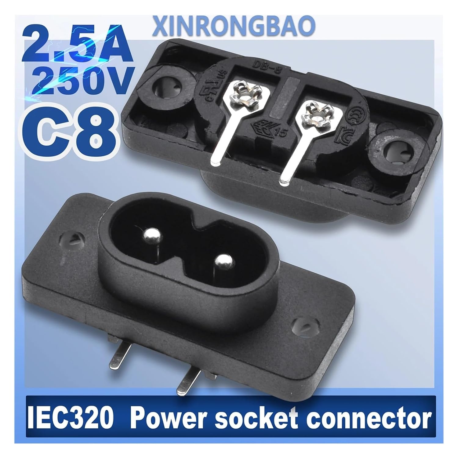5Pcs IEC320 C8 Black 2 Terminal Power Plug Inlet Socket AC 250V .5A Switch Embedded Industrial Electrical PIN Male 006
