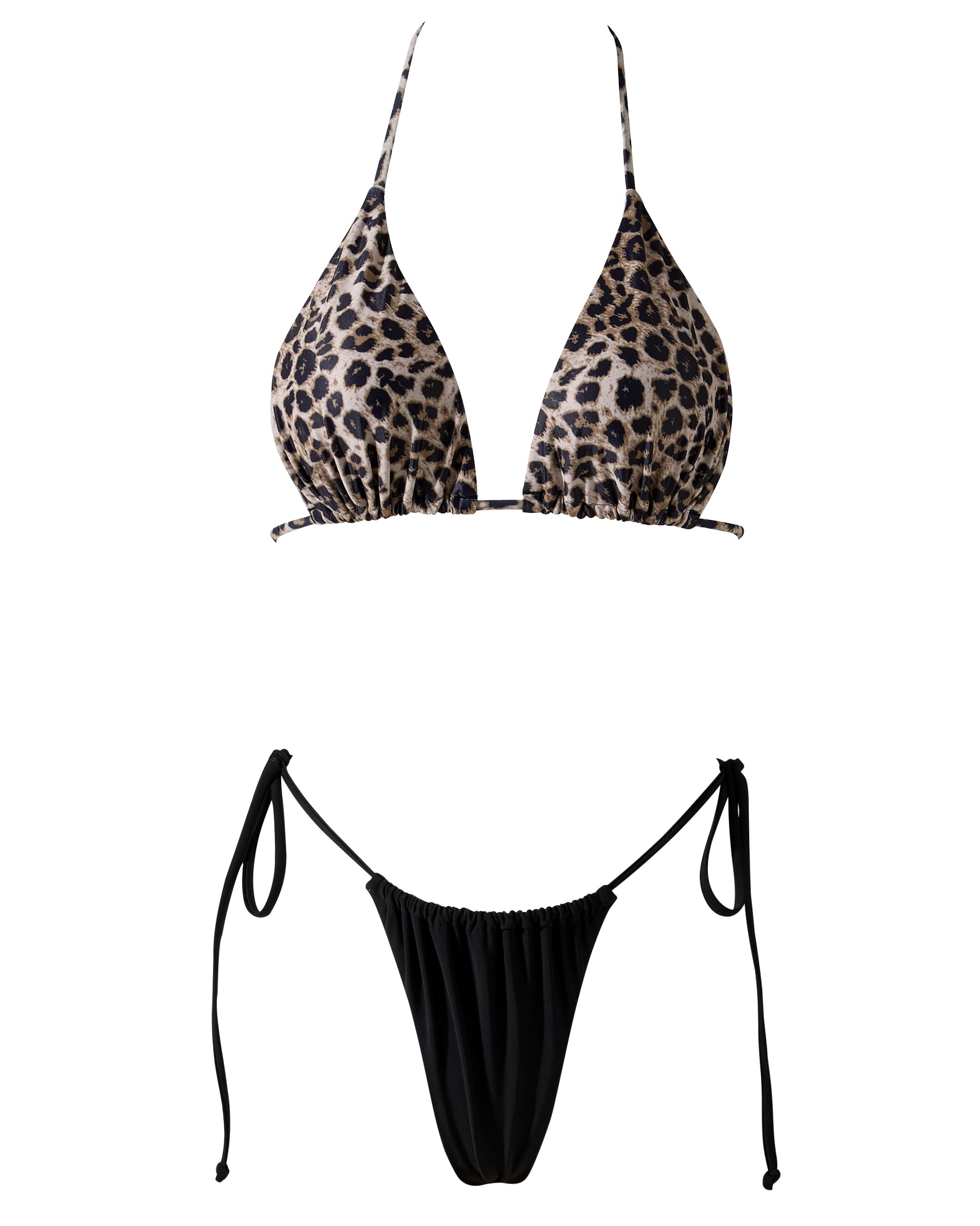 MOSHENGQI Women Sexy Brazilian Bikini 2 Piece Spaghetti Strap Top Thong Swimsuit Bathing Suit: X-Small Leopard-black-1
