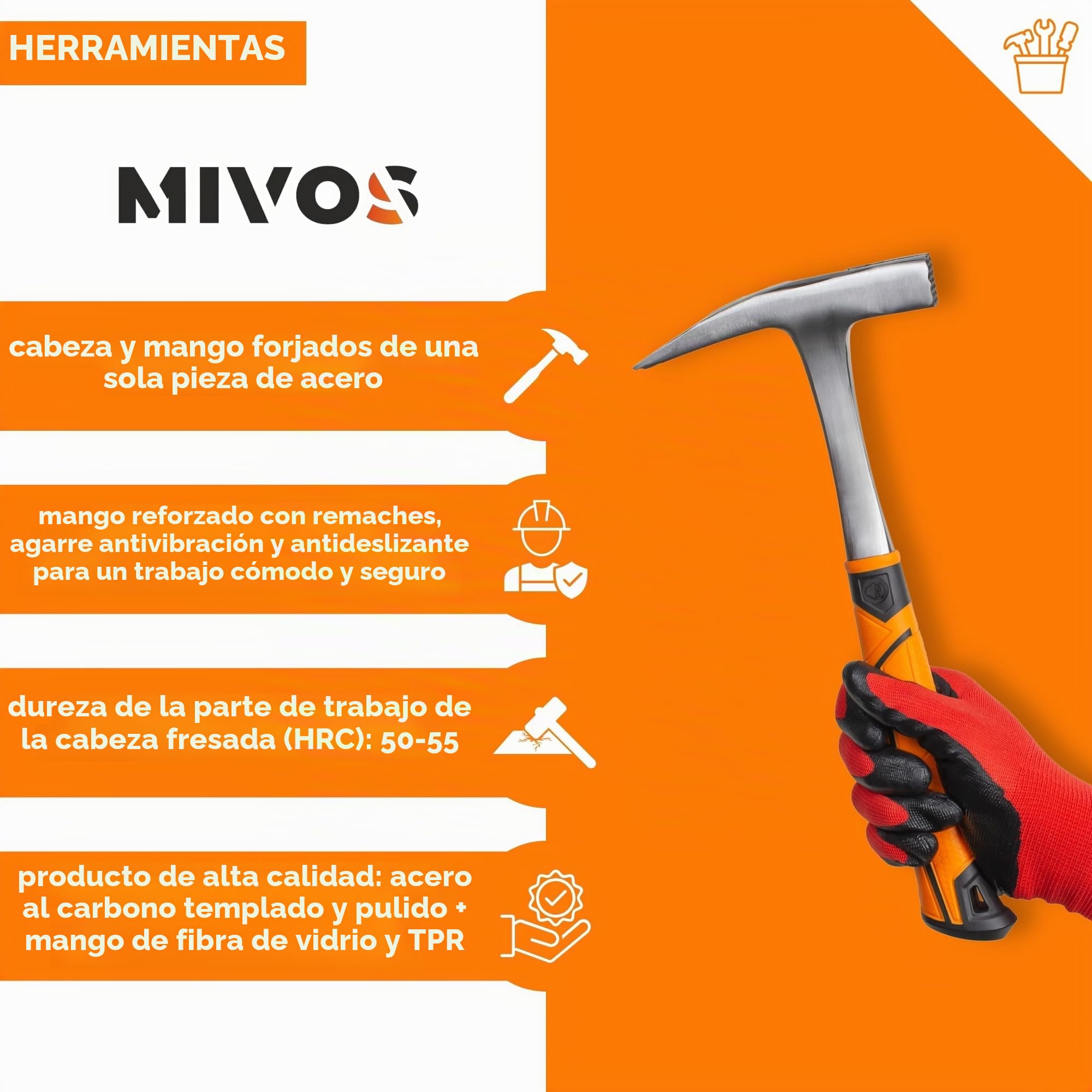Mivos Martillo de Carpintero e Encofrador 600 g - Totalmente de Acero - Martillo de Techador con Portaclavos Magnético - Mango Antivibraciones - DIN 7239