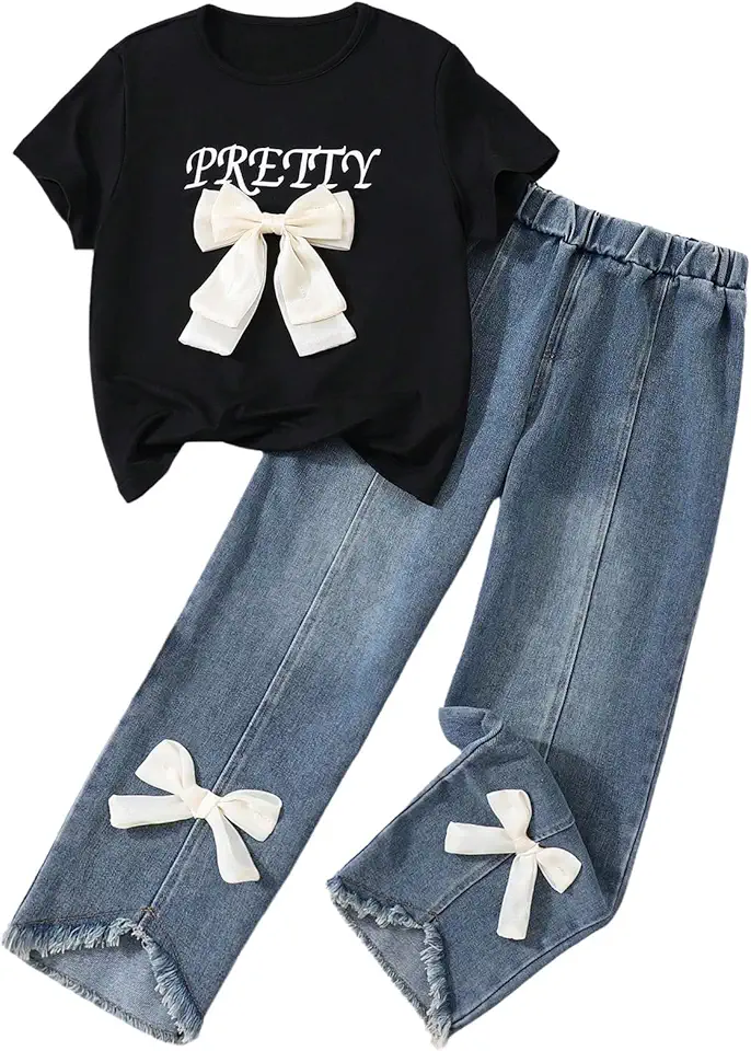 Verdusa Cute Outfits for Girls 10-12 Graphic Tees and Straight Leg Jeans Set with Bows Tween Girls Trendy Clothes