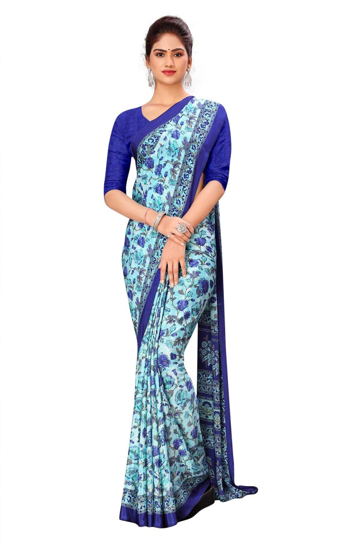 Uniform Sarees Corp Orange and Wine Women's Premium Silk Crepe Floral Print Jewellery Formal Wear Uniform Sarees With Blouse Piece