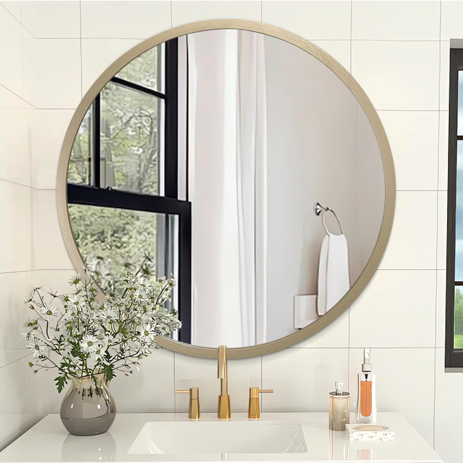 AOAOPQ Round Bathroom with Bathroom Mirror Wall Mounted Vanity Mirrors Wall for Bathroom Metal Brushed Frame Tempered Glass Wall Mounted Home Living Room Entryway