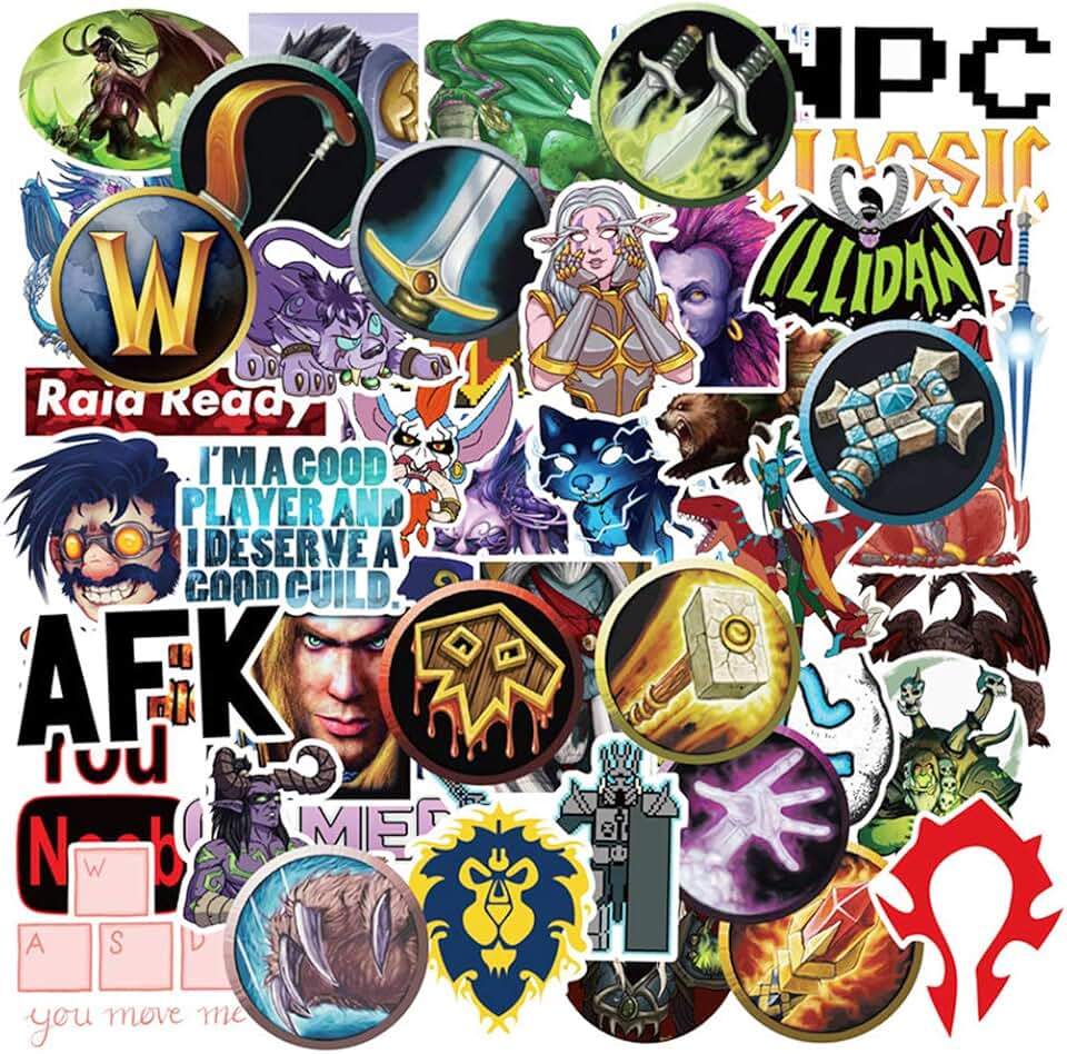 World of Warcraft Stickers 50 Pcs of Vinyl are Waterproof,Suitable for Men and Women to Stick on Cup,Phones,Motorcycles,Pianos,Violin,Laptops,Guitar,Bicycles,and Scooters.