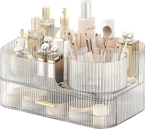 DASITON Organizador de maquillaje con cajones y soporte giratorio para brochas de maquillaje, organizador de cosméticos apilable de gran capacidad,