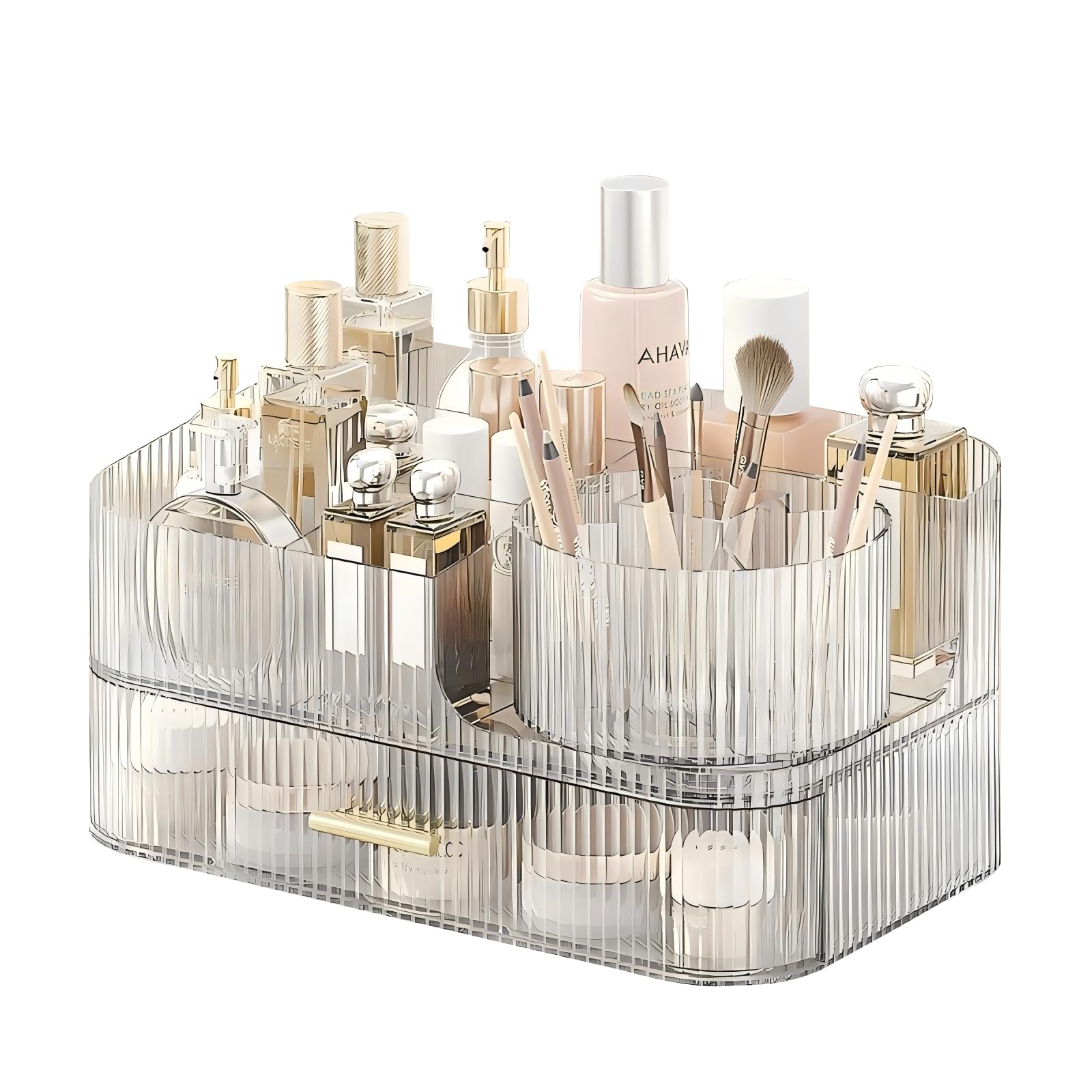 DASITON Organizer Trucchi con Cassetti, Porta Pennelli Make Up Girevole a 360°, Grande Capacità Make up Organizer per Cosmetici Impilabile, Porta Trucchi Organizer da Bagno e Toeletta (Trasparente 02)