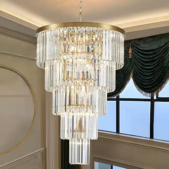 Gold Long Crystal Chandelier for High Ceiling, 35.5 inch, 5-Tier Modern Design for Entryway, Staircase, Foyer