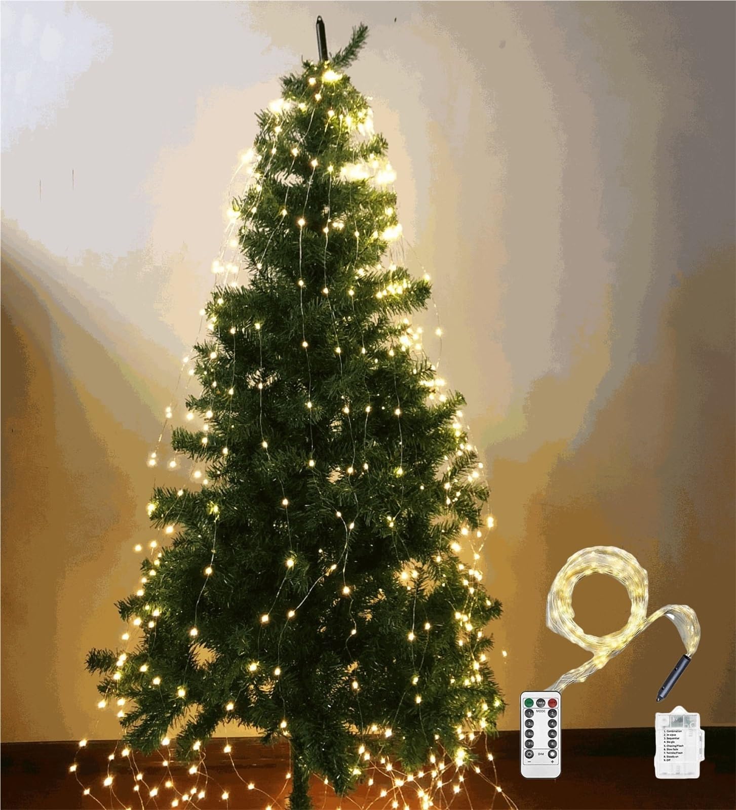 Thuchenyuc Warm Cascading Twinkle Lights For Christmas Tree, Christmas Tree Waterfall Lights With Ring 8 Modes 100-600 Christmas Led Firefly Twinkle String Lights Battery Powered(,3M 20 Strips 600 Lights)
