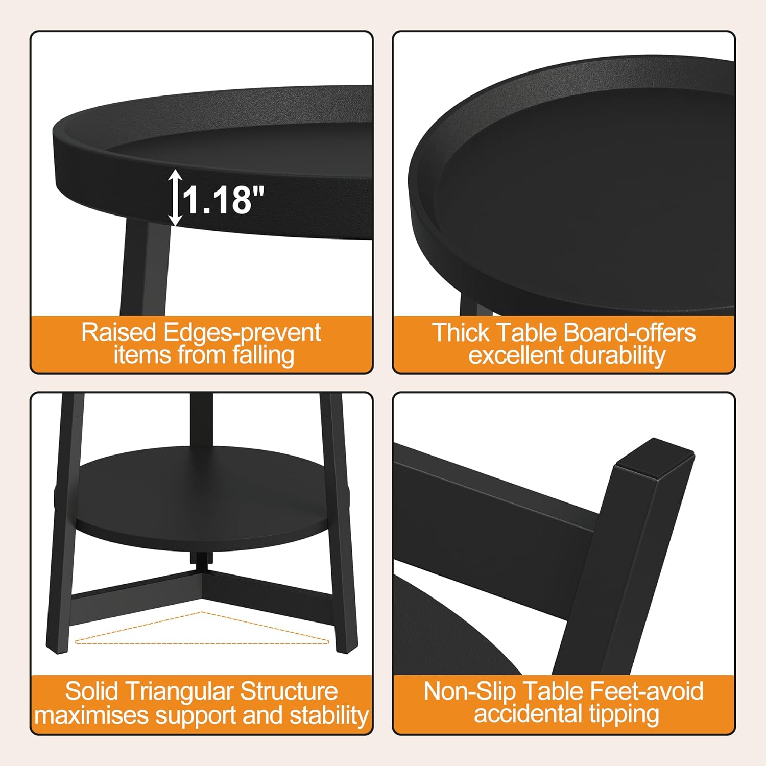 Industrial 2 Tier Round Side Table with Storage Shelf,Accent Tray End Table with Triangular Metal Support, Nightstand Bedside Sofa Table for Living Room, Bedroom, Balcony, Black