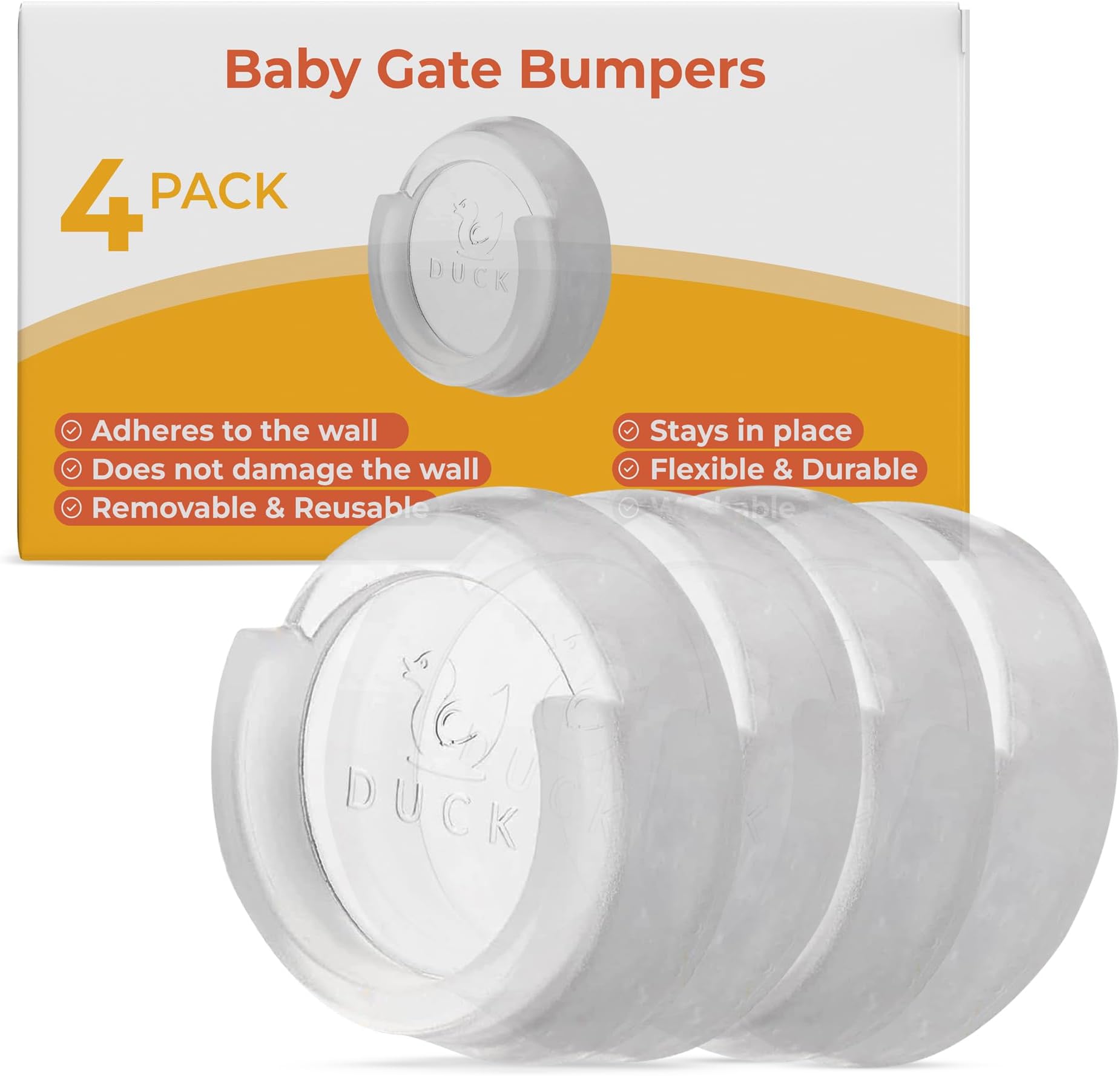 Ducki- Baby Gate Wall Protector - Self-Adhesive Durable & Reusable Guards for Baby, Pet Gates, Replacement Parts, Doorway Scratch Protectors, Safety Kit, Extender & Adapter Proofing - 4 Pack, Clear