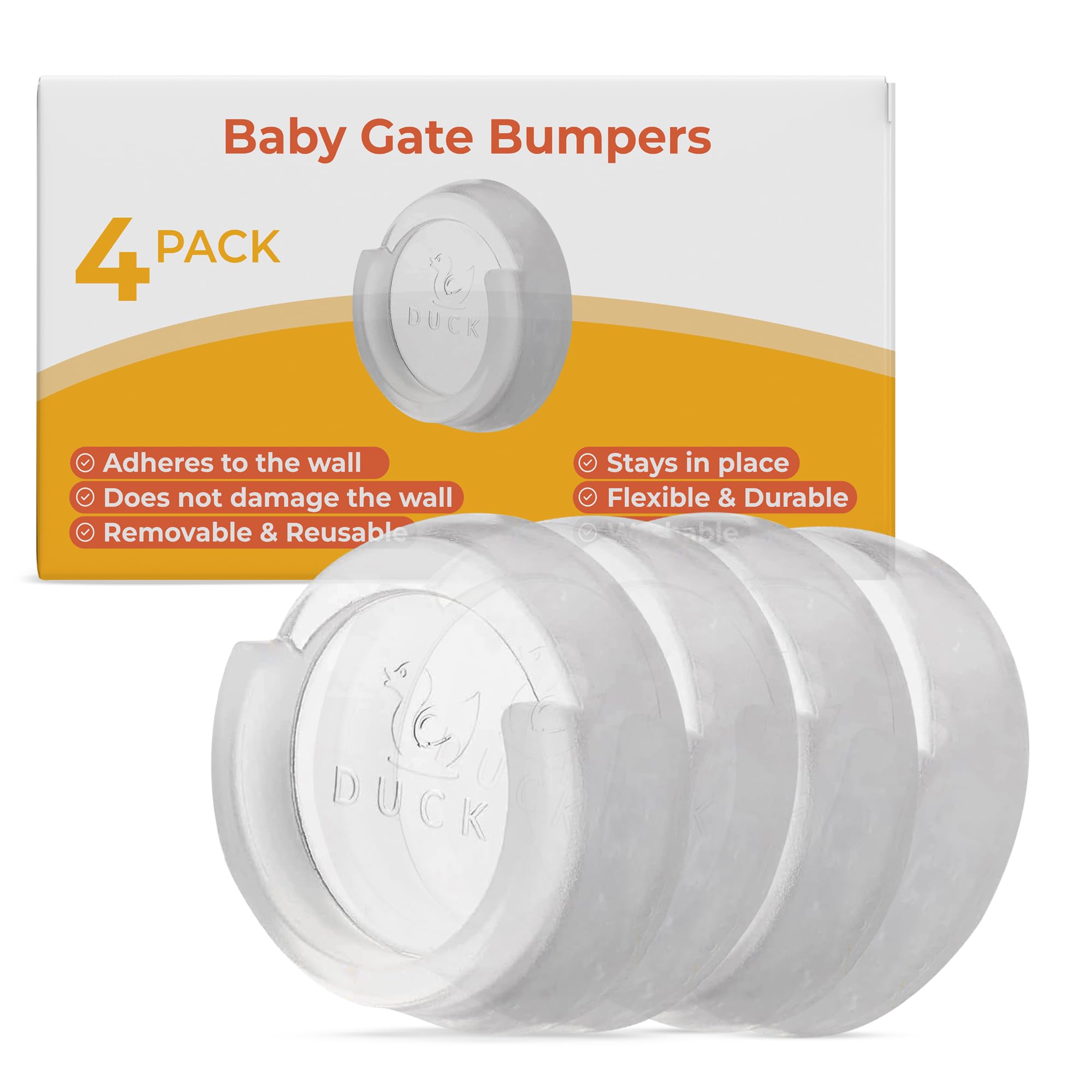 Ducki Clear - 4 Pack Self-Adhesive Baby Gate Wall Savers - Durable & Reusable Guard for Baby, Pet, Pressure Gates - Kids Proofing Wall Cups & Accessories