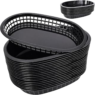 40 Pack Plastic Fast Food Baskets,10.5 X 7 Inch Black Oval Deli Baskets Are Microwavable And Dishwasher Safe for Deli Serving, Chicken, Burgers, Picnics, Parties