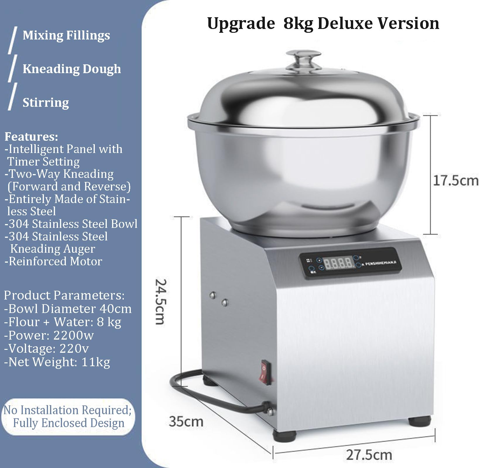 Impastatrice Professionale da 5 kg/8 kg, Tempo di Lavorazione Regolabile da 0 a 30 Minuti, Impastatrice a Spirale in Acciaio Inox con Doppia Rotazione per Panetteria, Pizzeria, Ristorante 8kg