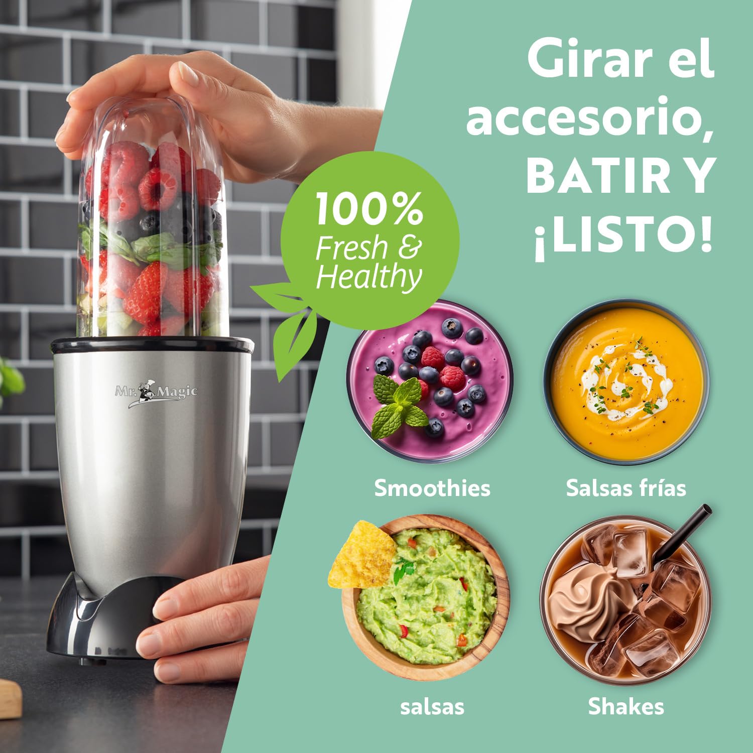GOURMETmaxx Mr. Magic Batidora Con Pack de Accesorios XXL | 18 Piezas | Tapas Herméticas | Procesador de Alimentos Para Batidos, Smoothies y Más
