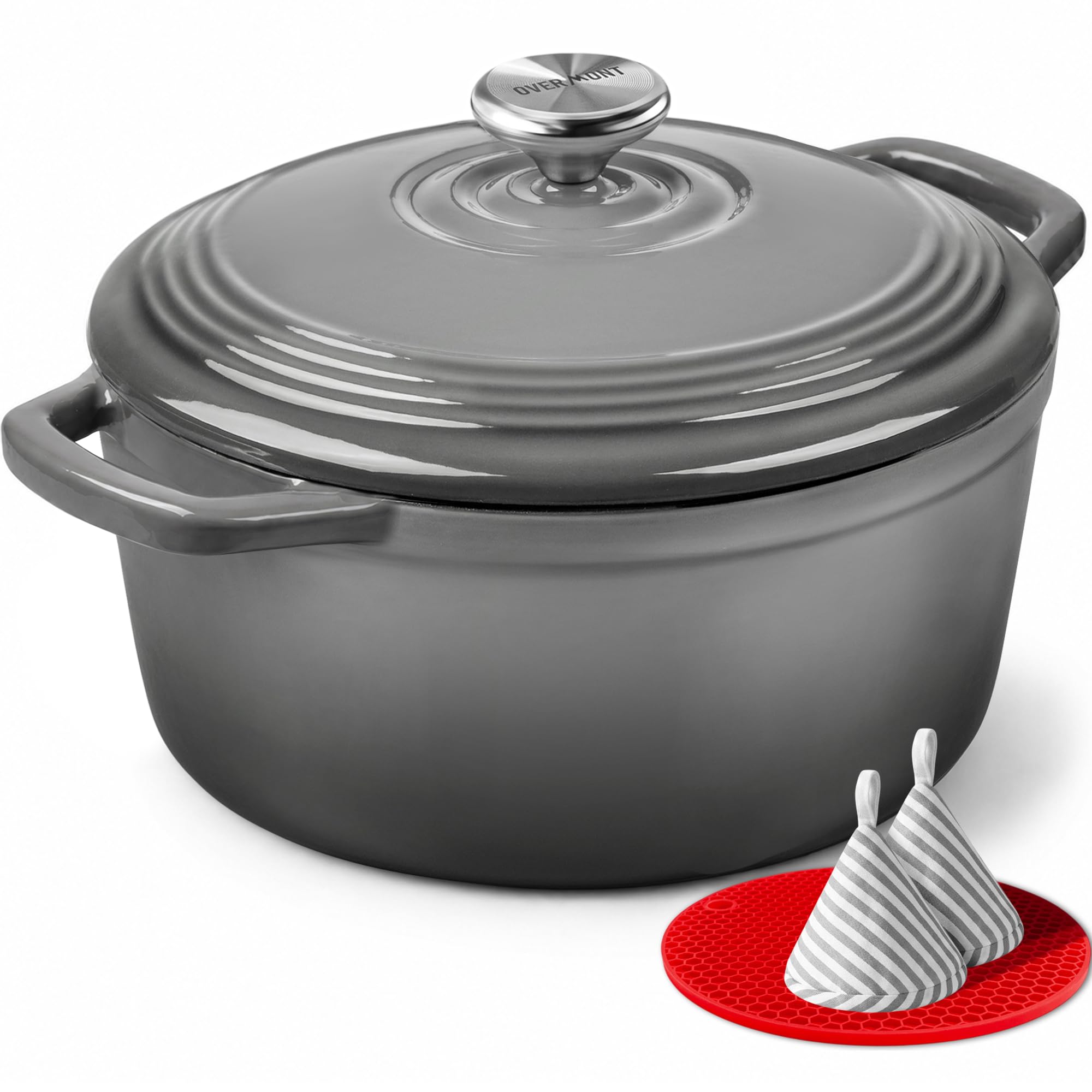 Overmont 26cm/5.2L Enamelled Cast Iron Round Casserole Pot, Grey