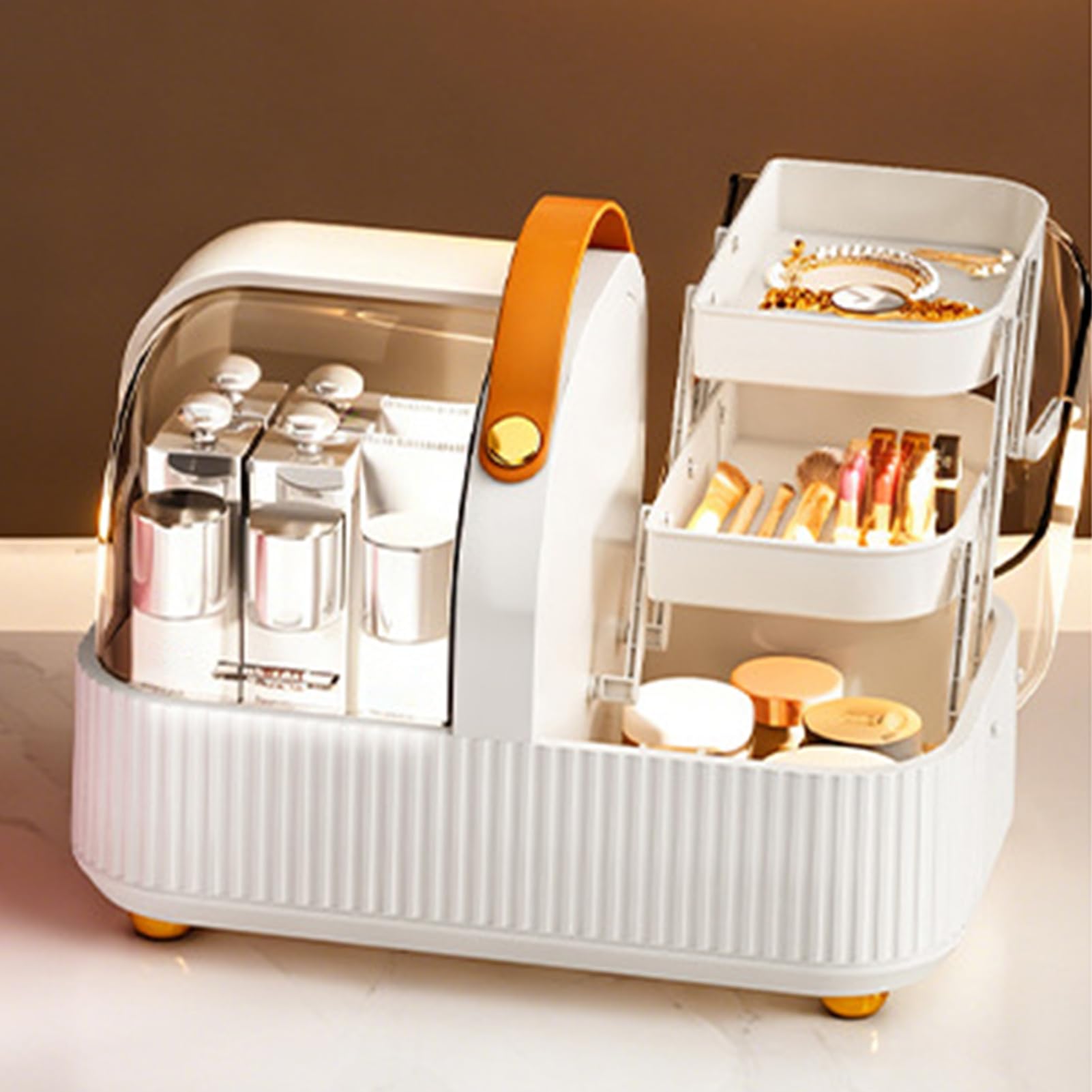 Asixxsix Organizador de Maquillaje con Tapa Transparente, Organizador para el Cuidado de la Piel con Almohadilla Antideslizante para Pies y Cubierta Transparente a Prueba de Polvo, Caja de (blanco