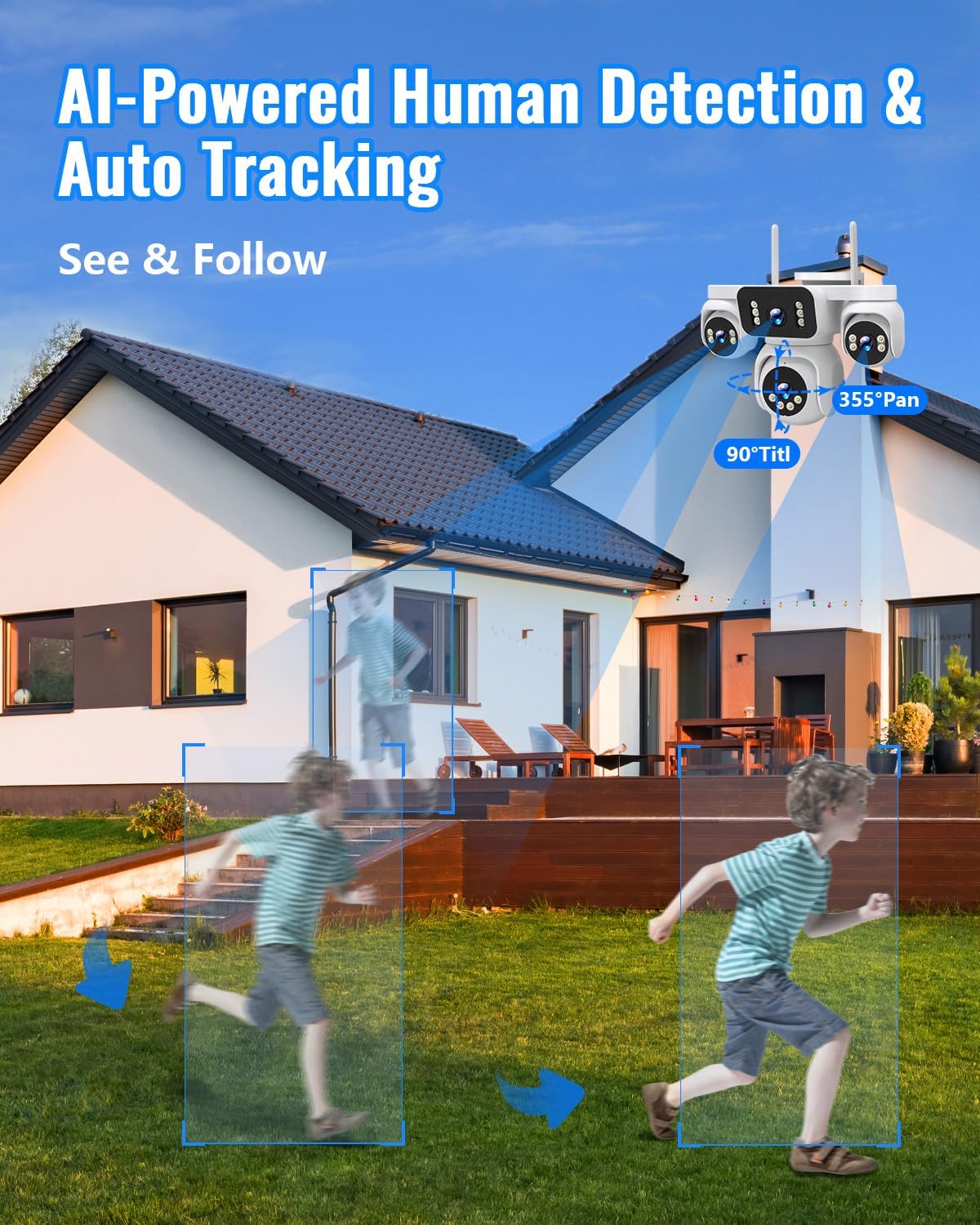 4-in-1 Wireless Outdoor Security Camera, Quad-View PTZ with 8MP HD, 16X Zoom, AI Human/Pet Detection, Color Night Vision, IP66 Weatherproof, 2-Way Audio, Dual Storage for Home Security - Image 5