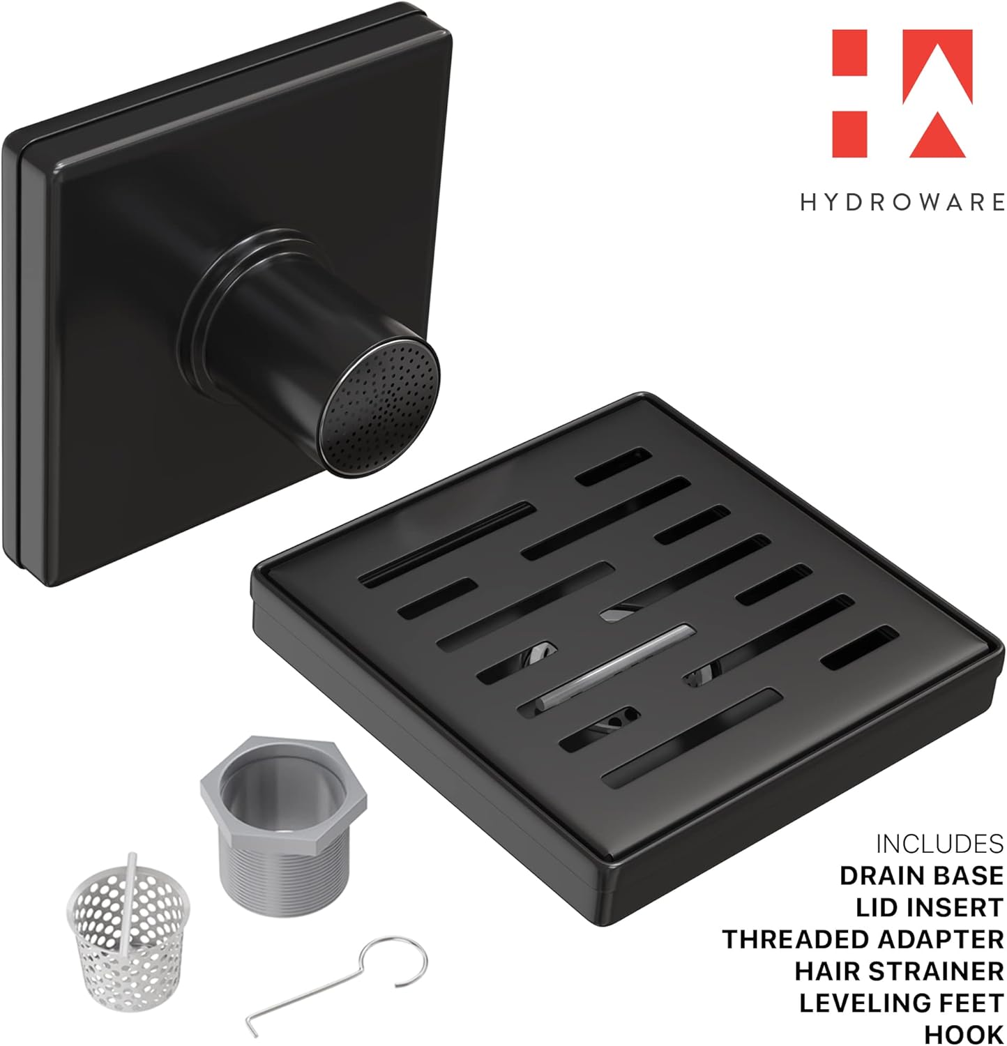 Shower Drain - Stainless Steel Square Shape Shower Floor Drain with Removable Patterned Grate, Hair Strainer, Threaded Adapter (6 Inches, Black Matte)