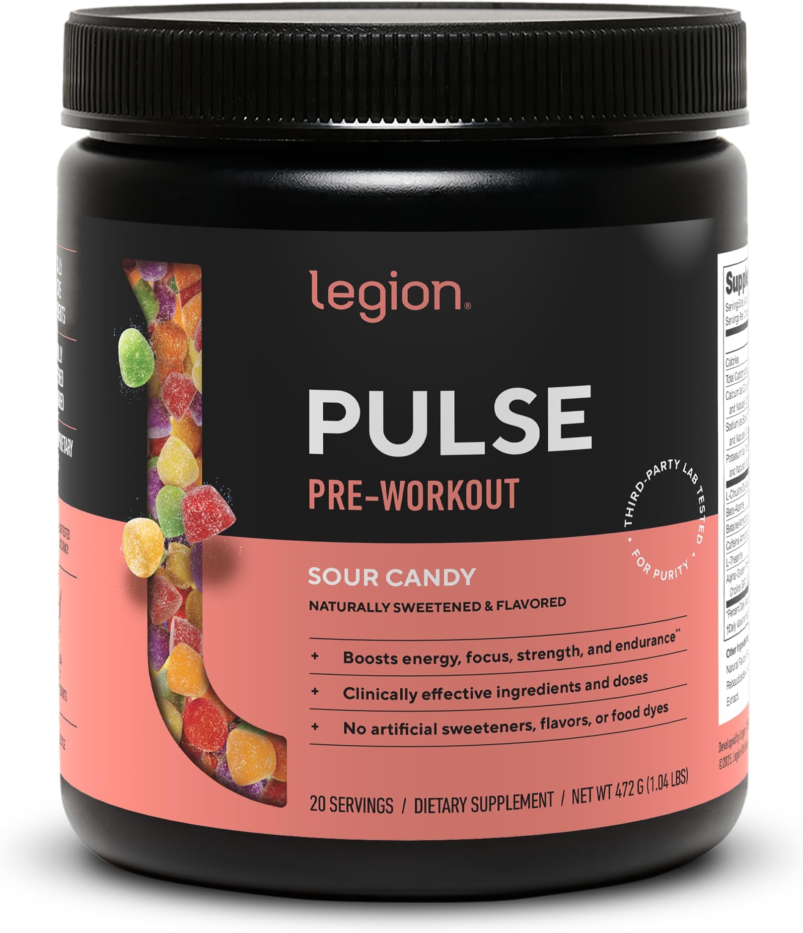 LEGION Pulse Pre Workout - All Natural Nitric Oxide Preworkout Drink to Boost Energy, Creatine Free, Naturally Sweetened, Beta Alanine, Citrulline, Alpha GPC (Sour Candy)