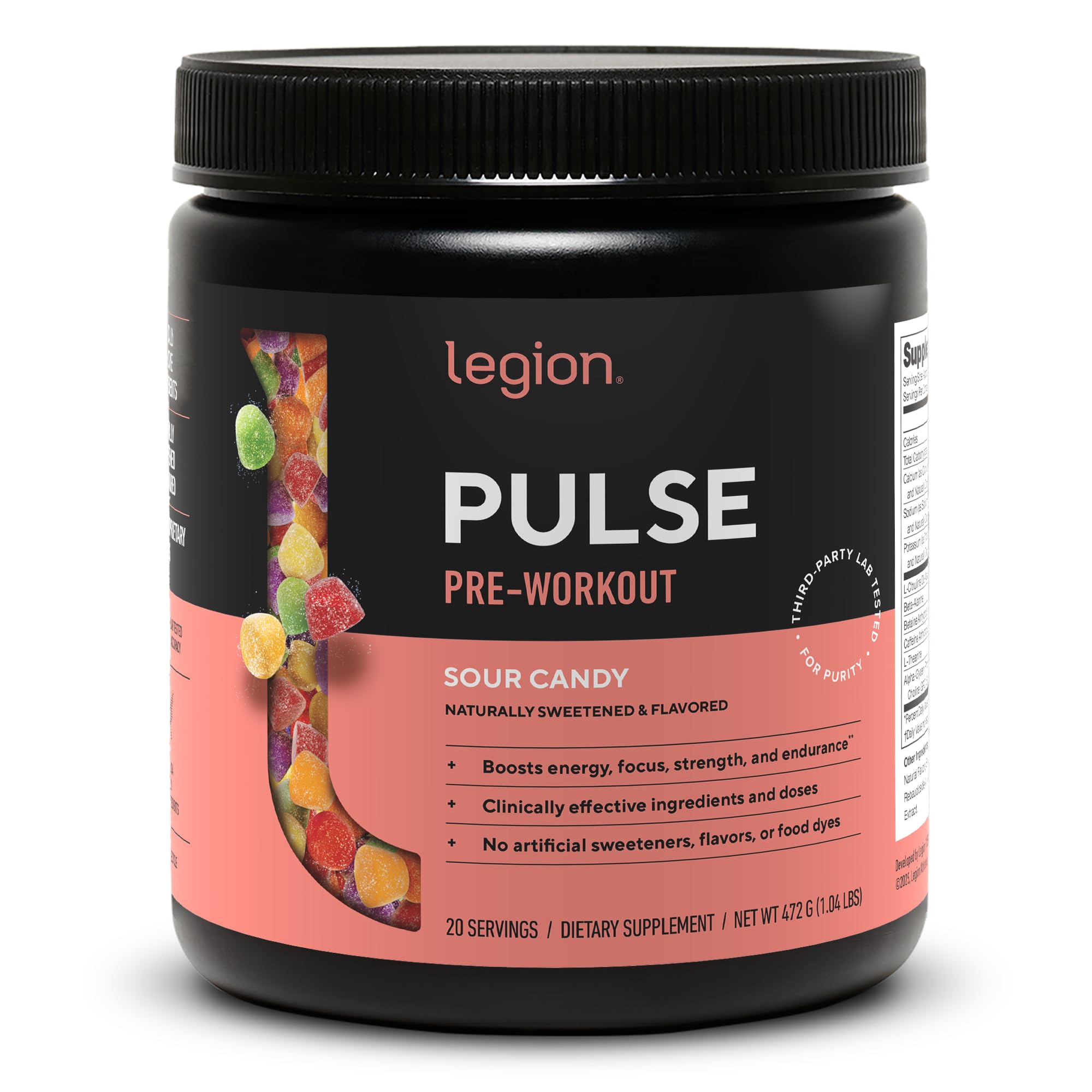 LEGION Pulse Pre Workout Supplement - All Natural Nitric Oxide Preworkout Drink to Boost Energy, Creatine Free, Naturally Sweetened, Beta Alanine, Citrulline, Alpha GPC (Sour Candy)