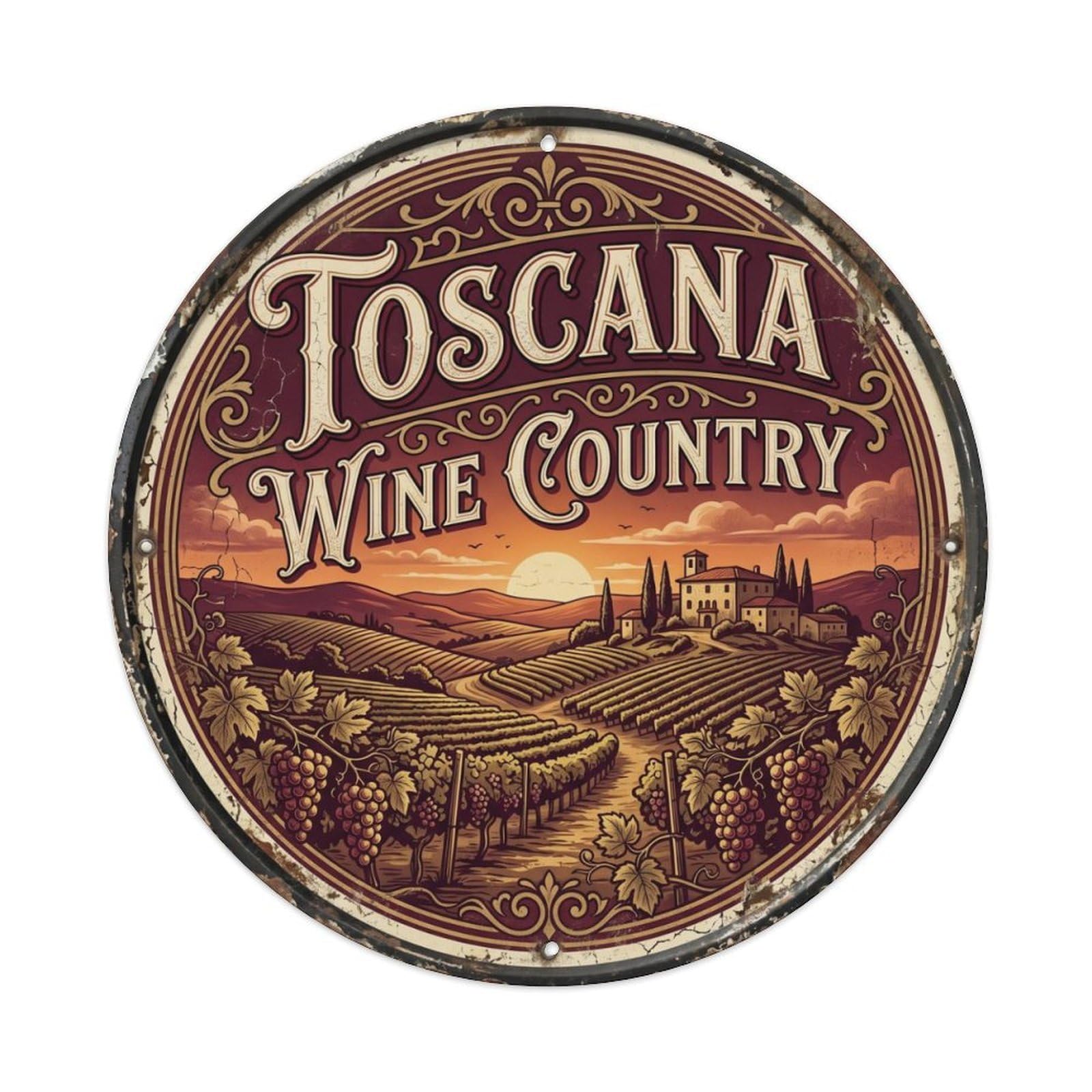 Vintage Travel Tuscany Vineyard Italy Metal Tin Sign Plaque Wall Decor for Cafe, Club, Garden Round Metal Poster 8x8Inch