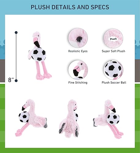 Miniatura 3 de DolliBu Animal de peluche de flamenco con pelota de fútbol, flamenco rosa suave y abrazable, adorable juguete de peluche para jugar, lindo regalo de