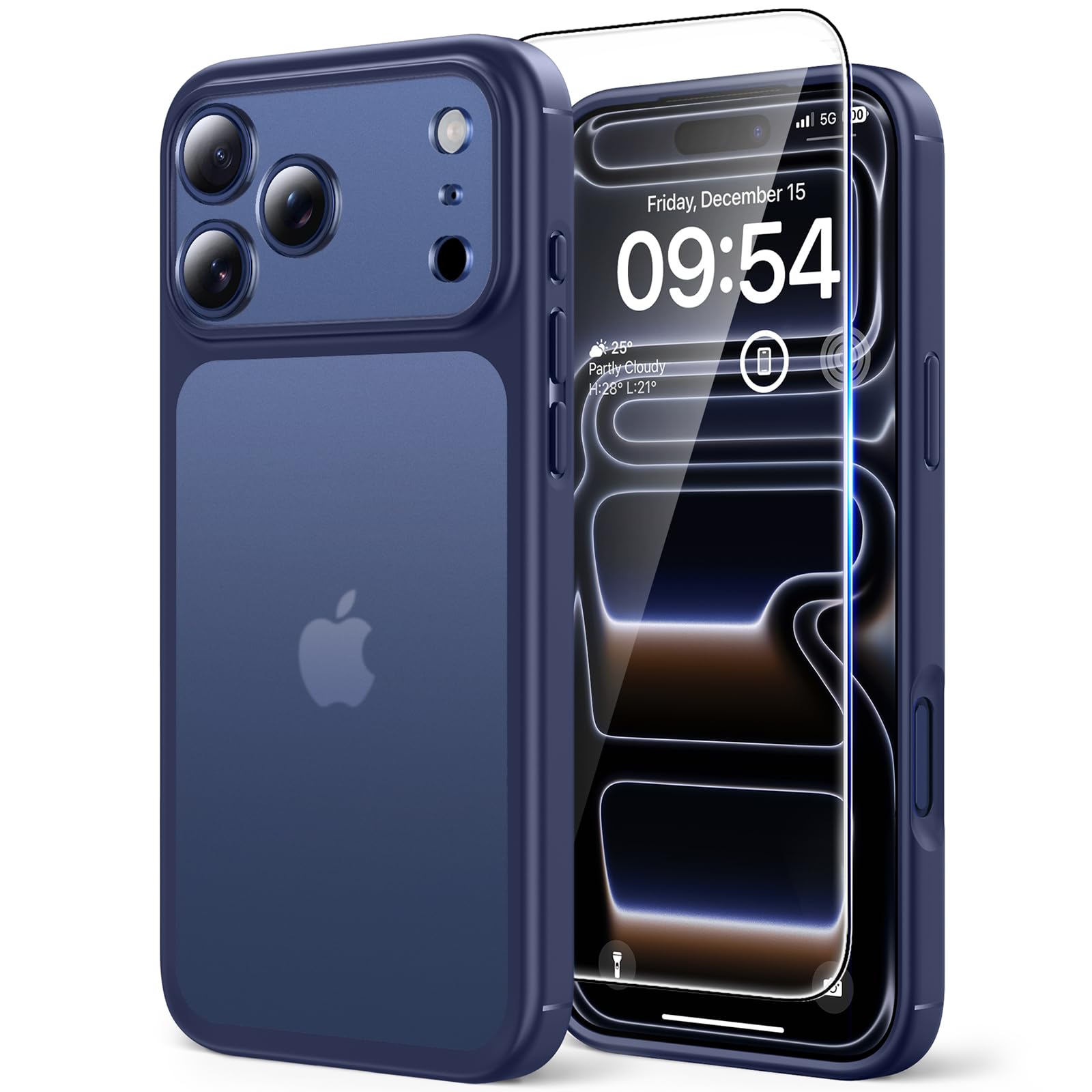 TAURI Cover per iPhone 17 Pro con Pellicola in Vetro Temperato,Protezione Completa della Fotocamera,Custodia Traslucida Opaca - Blu Opaco