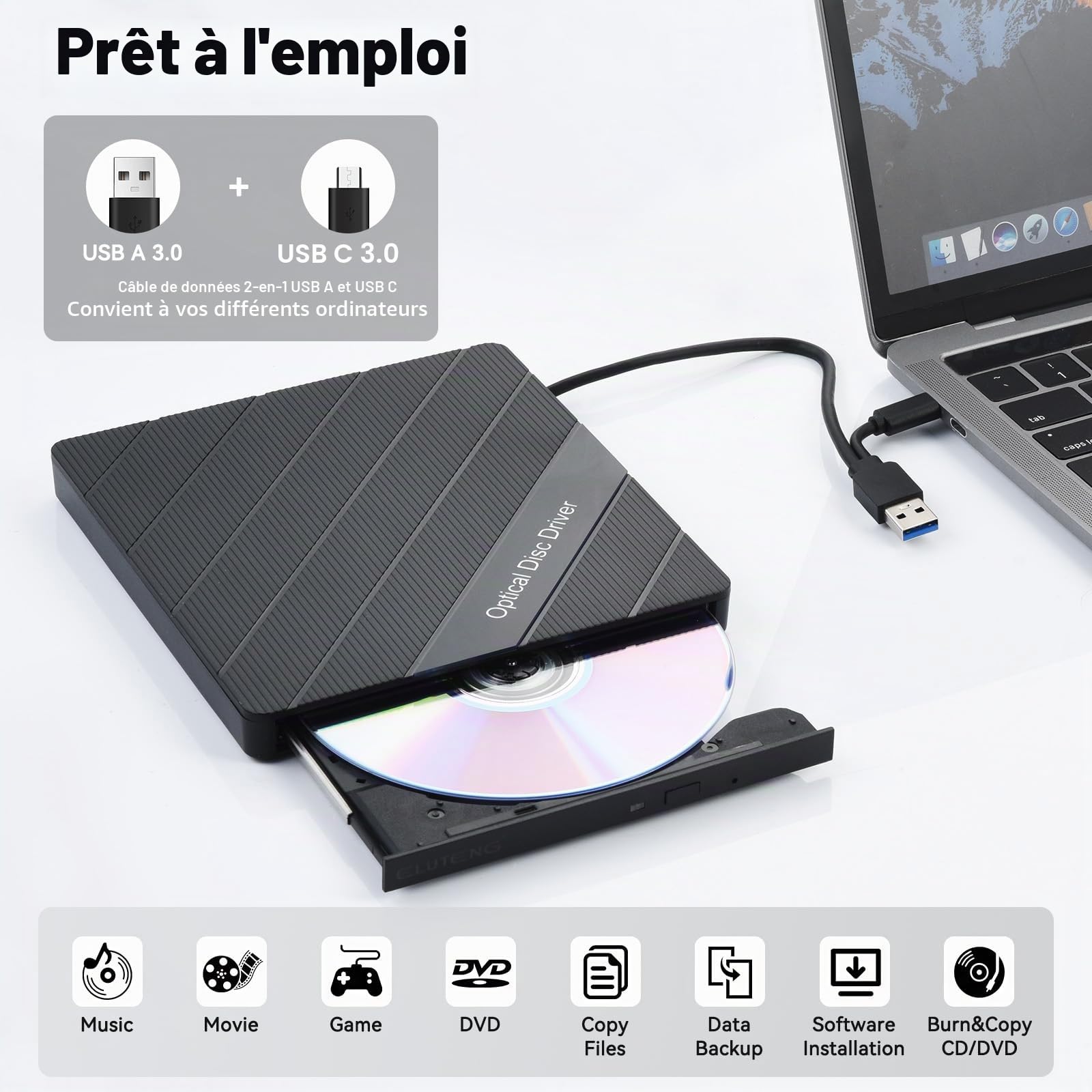ELUTENG Lecteur/Graveur CD/DVD Externe USB 3.0 Type-C avec Câble USB-C 0.6m, Portable Graveur/Lecteur CD/DVD Portable +/-RW pour Laptop PC MacBook Windows 11/10/8/7 Mac OS