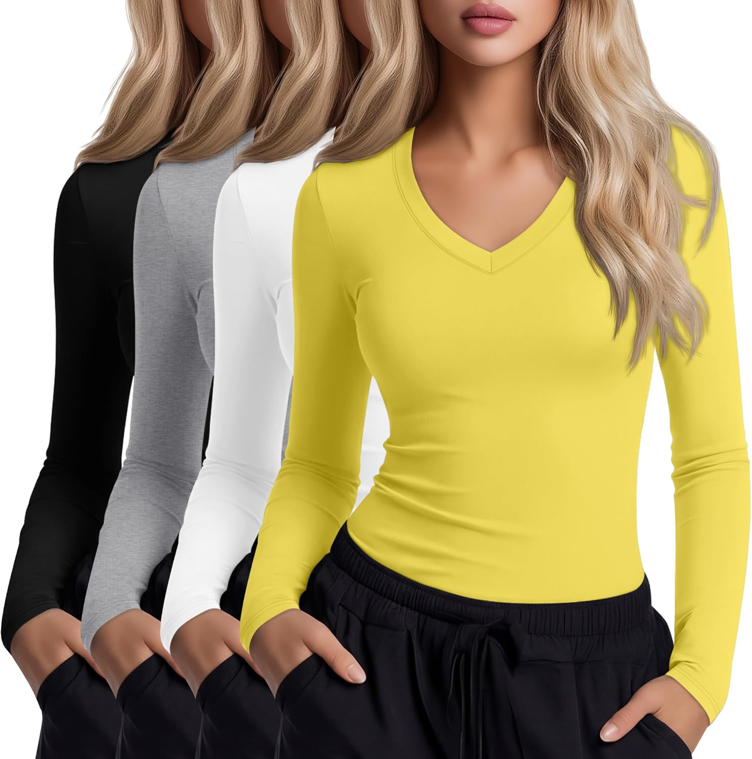 4 Pack Women's Under Scrubs Long Sleeve V Neck Shirts Slim Fit Stretchy Undershirt Basic Casual Tops for Nurse